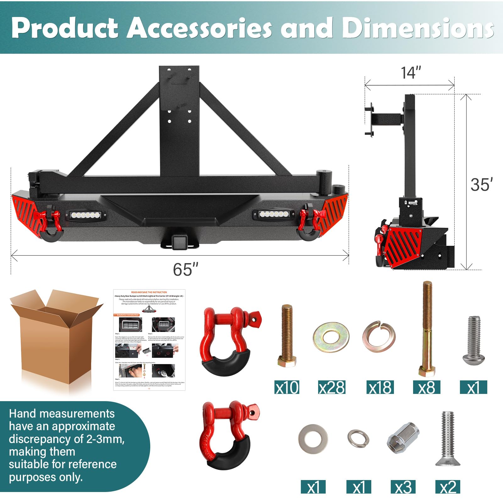Yzona Rear Bumper With Spare Tire Carrier Compatible With 2007-2018 Jeep Wrangler Jk Jku Unlimited (2/4 Doors) Off-Road Bumper With Paintable Armor, Led Lights, 2' Hitch Receiver & D-Rings, Black
