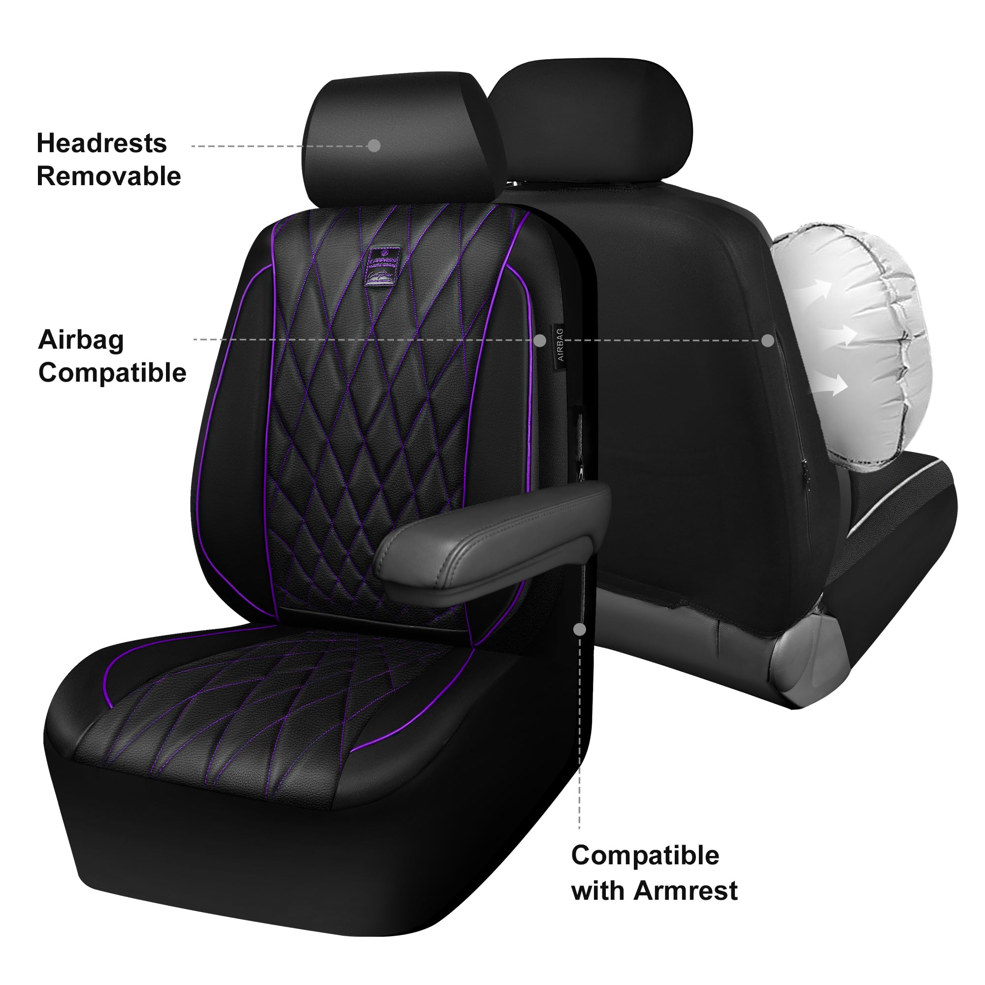 Car Pass Piping Luxury Faux Leather Two Front Car Seat Covers, Waterproof Anti Slip Premium Automotive Seat Covers,Universal Fit