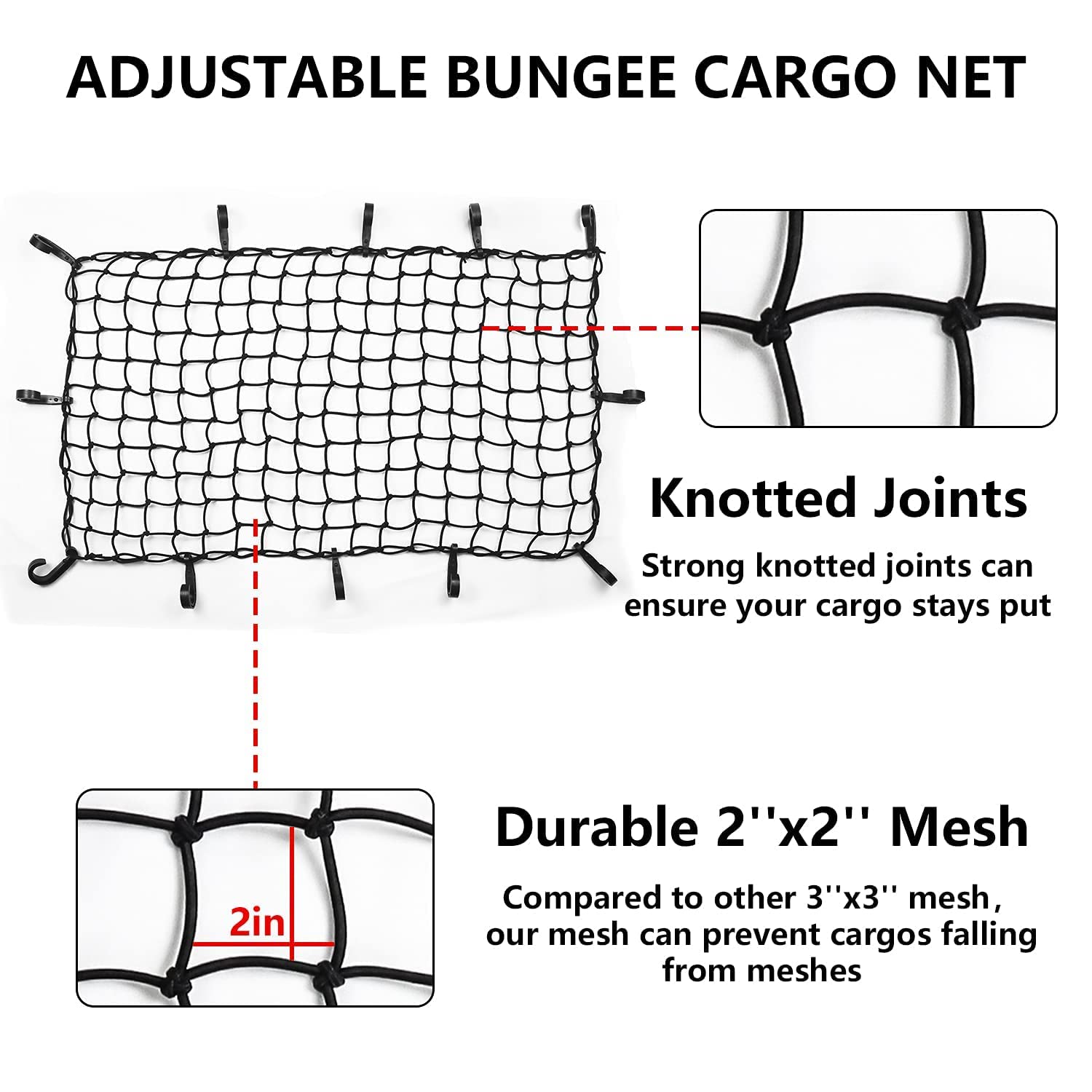 Funmit 22''X38'' Cargo Net Stretches To 44''X76'', Latex Bungee Cargo Net With 2''X2'' Small Mesh And 12 Adjustable Plastic Hook