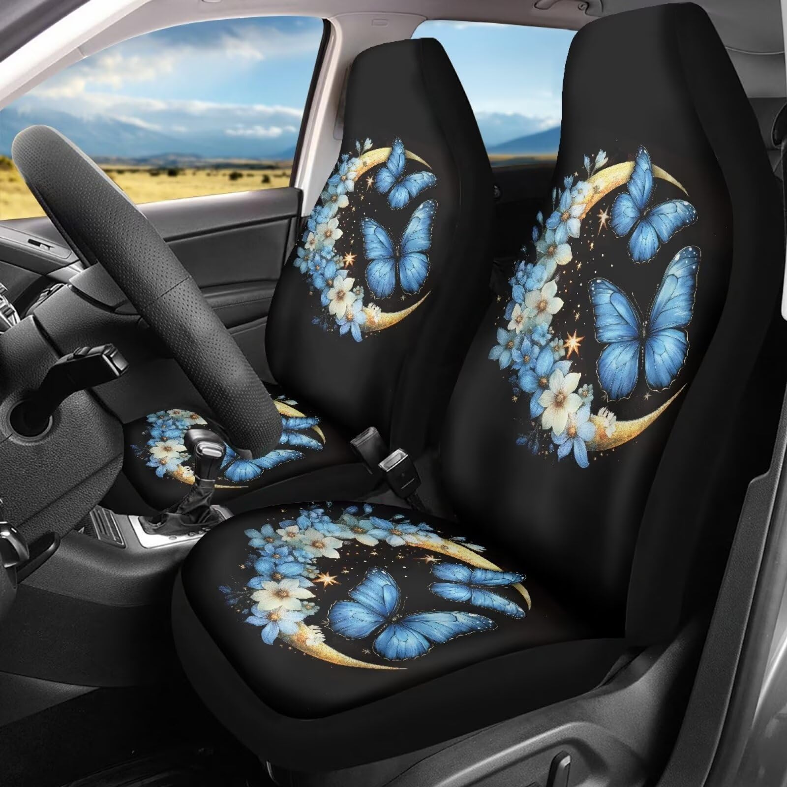 Bigcarjob Moon Butterfly Car Seat Covers Set Universal Car Interior Seat Rugs 2 Pcs Auto Front Seat Protector Set For Women Butt