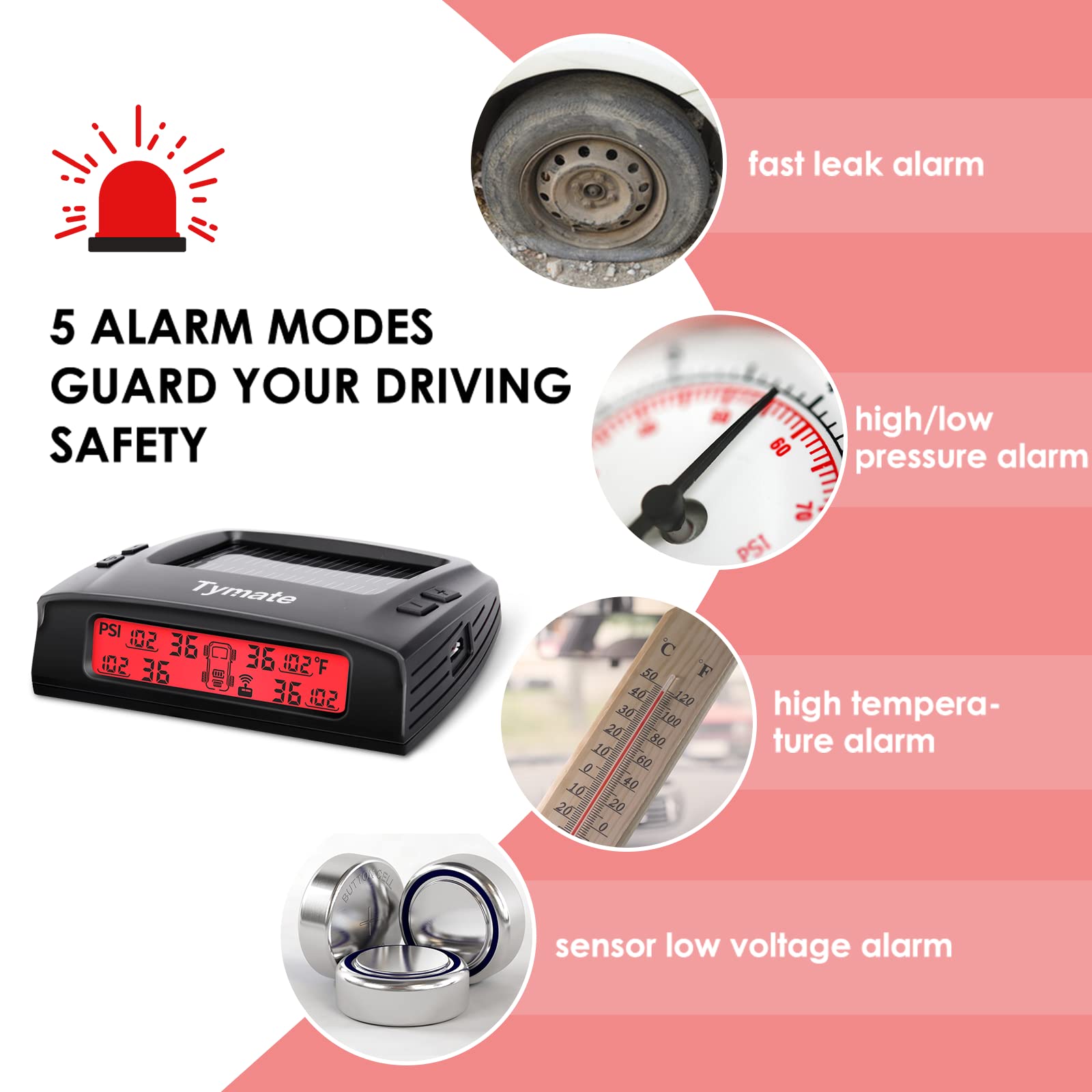 Tymate Rv Tire Pressure Monitoring System - M7-3 Tpms Tire Pressure Monitor System(0-87 Psi) With Solar Charger, Rv Tpms With 4 Sensors & 5 Alarm Modes, Lcd Display, Auto Sleep Mode, Easy To Install