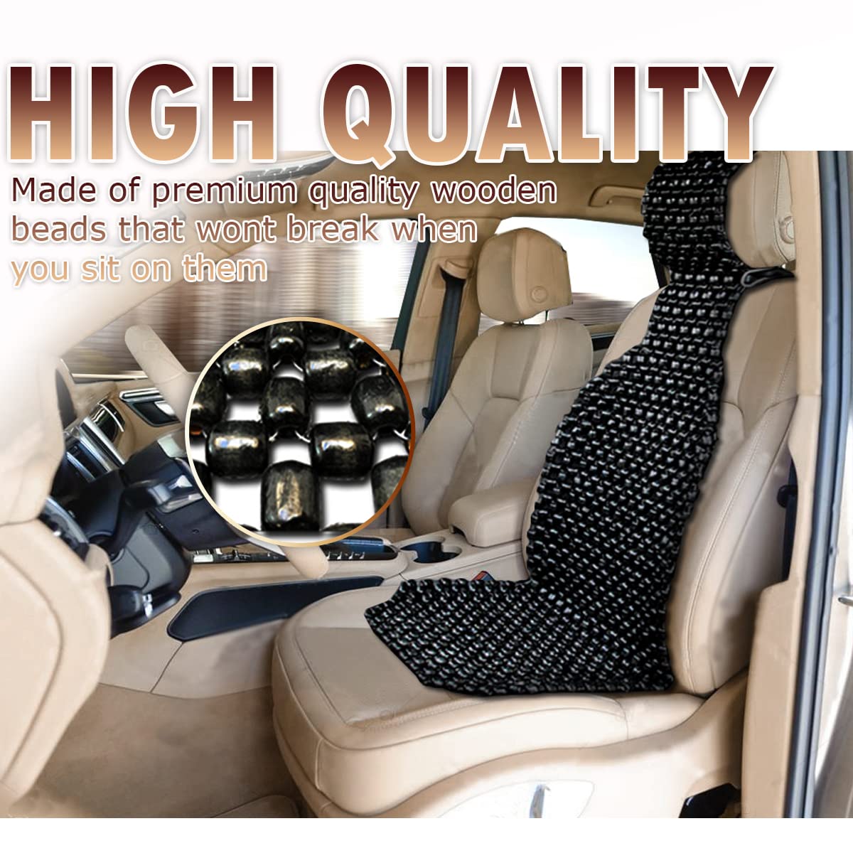 Vaygway Beaded Seat Cushion Car Driver Seat Cover With Durable & Double Strung Natural Wood Beads- Cooling Comfort Ventilated Massaging Support Cushion For Auto Cars (1 Pack Black)
