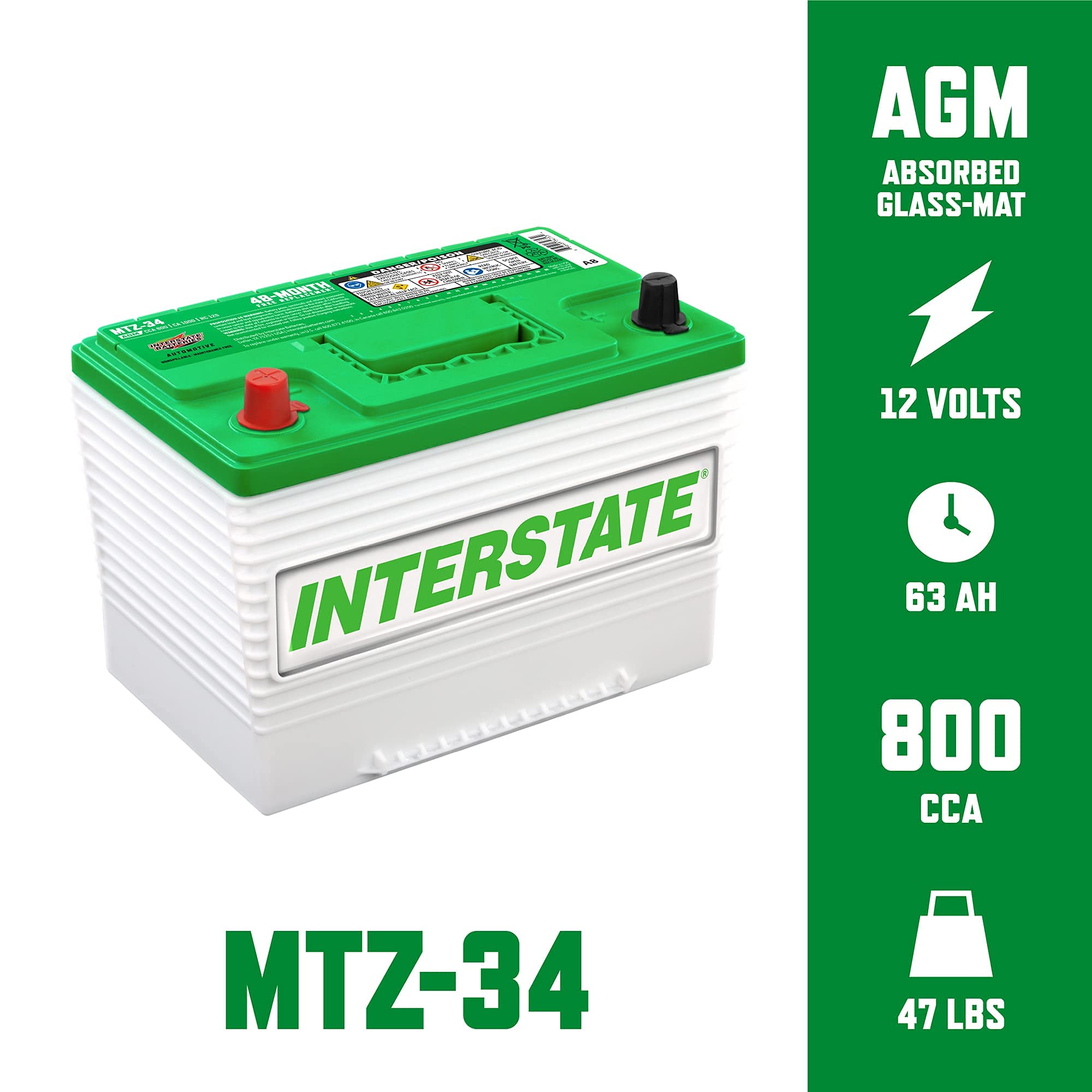 Interstate Batteries Automotive Battery 12V 63Ah (Group 34) 800CCA SLI Pure Lead AGM Automobile Replacement Battery for Cars, SU