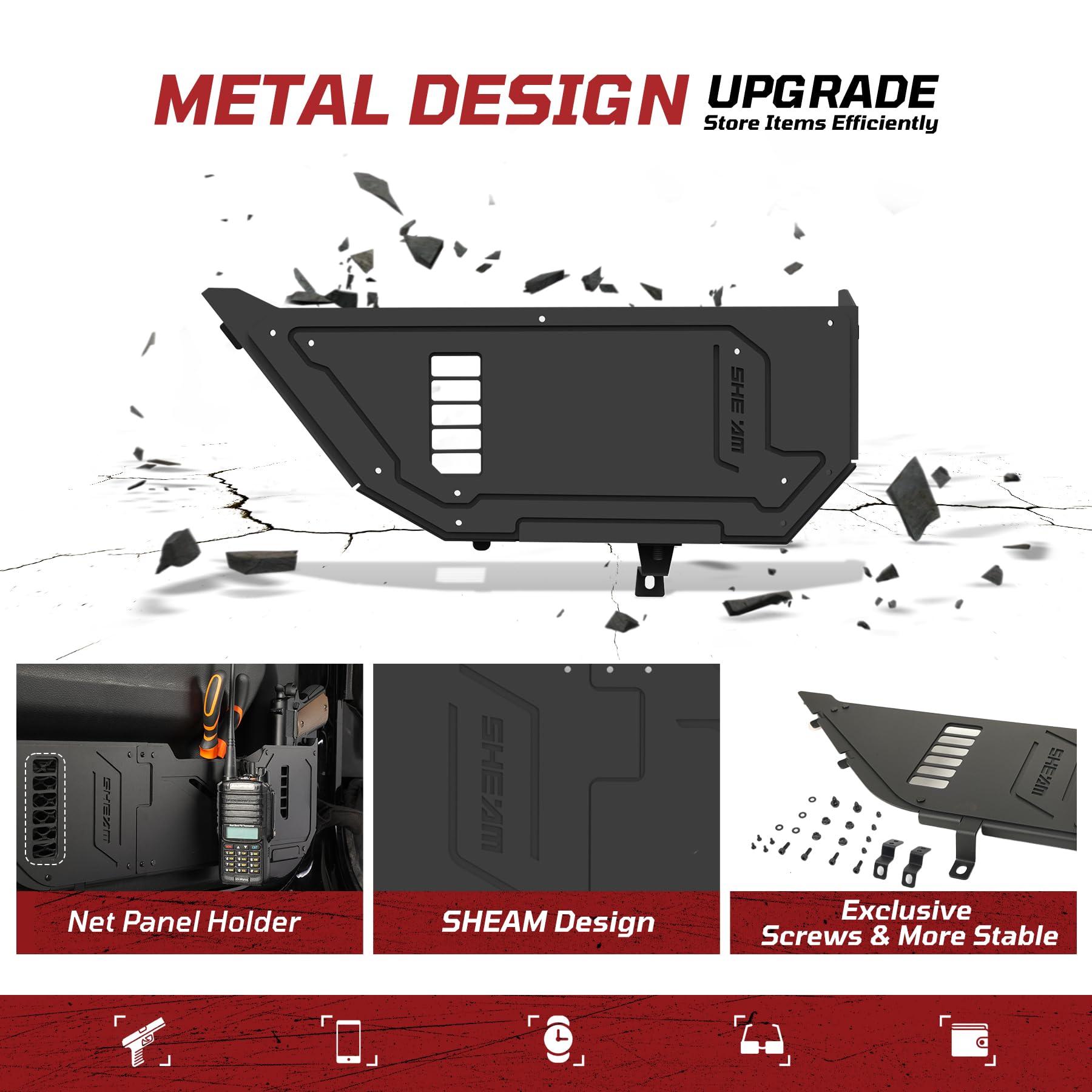 SHEAM Metal Rear Door Pocket Storage Box Compatible with 2018-2023 Jeep Wrangler JL 4XE JLU Rubicon Sport Sahara Gladiator JT, D