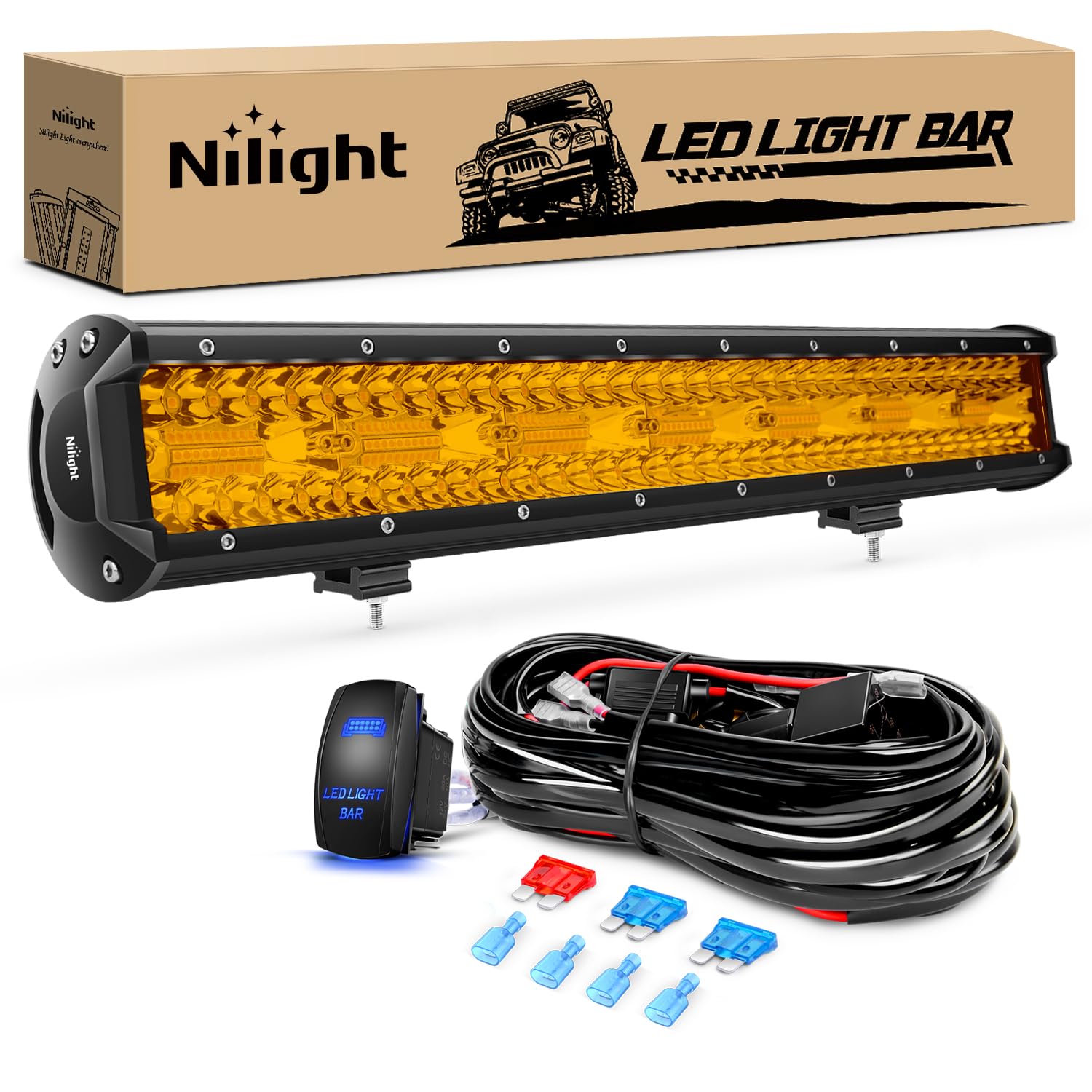 Nilight 20 Inch 420W Led Light Bar Amber Triple Row Flood Spot Combo Driving Boat Led Off Road Lights With 16Awg Wiring Harness