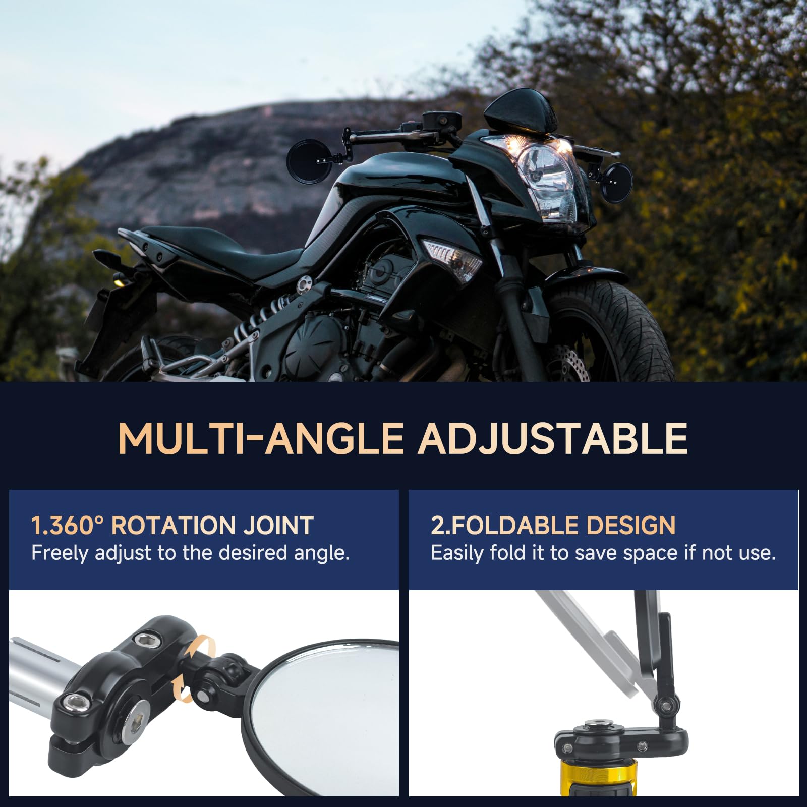 Motorcycle Bar End Mirrors 3 Round Folding Side Mirrors, 7/8 Handlebar Rear View Mirror Compatible With Honda MSX125 CB500F