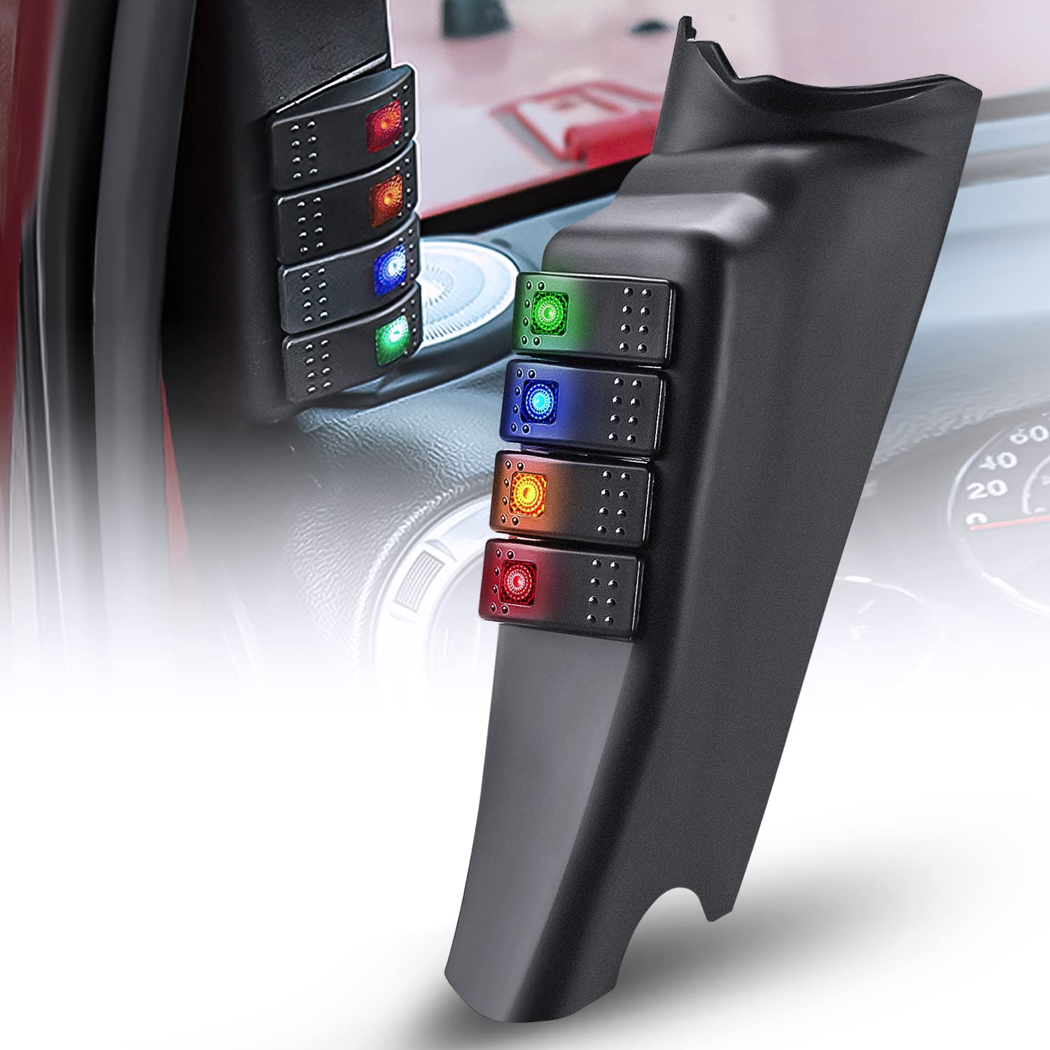 Nilight A-Pillar Switch Pod 12V Left Driver Side A Pillar Rocker Panel With Backlit Label Stickers Pre-Wired On Off 4 Color Togg