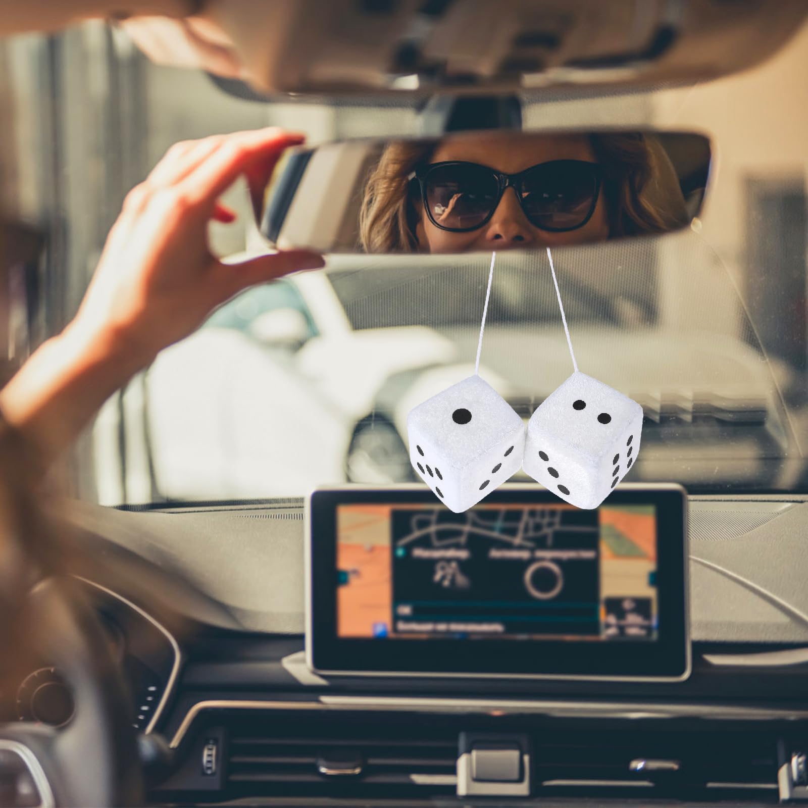 Fuzzy Dice For Rear View Mirror, White Fuzzy Dice For Car Mirror, 2.75Inch Pair Of Plush Retro Square Hanging Dice With White Do