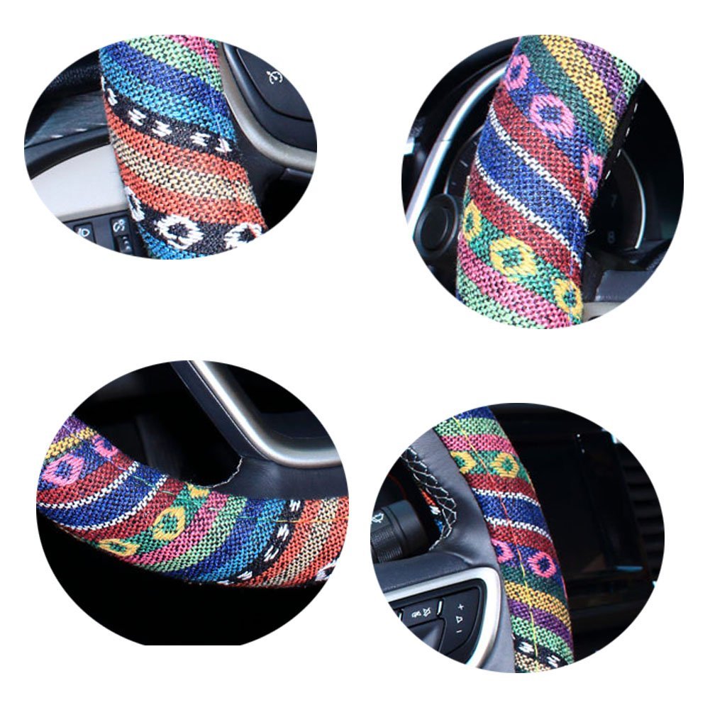 Shiawasena Shiawasena Car Steering Wheel Cover, Coarse Flax Cloth, Ethnic Style, Universal 15 Inch Fit, Anti-Slip Sweat-Absorben