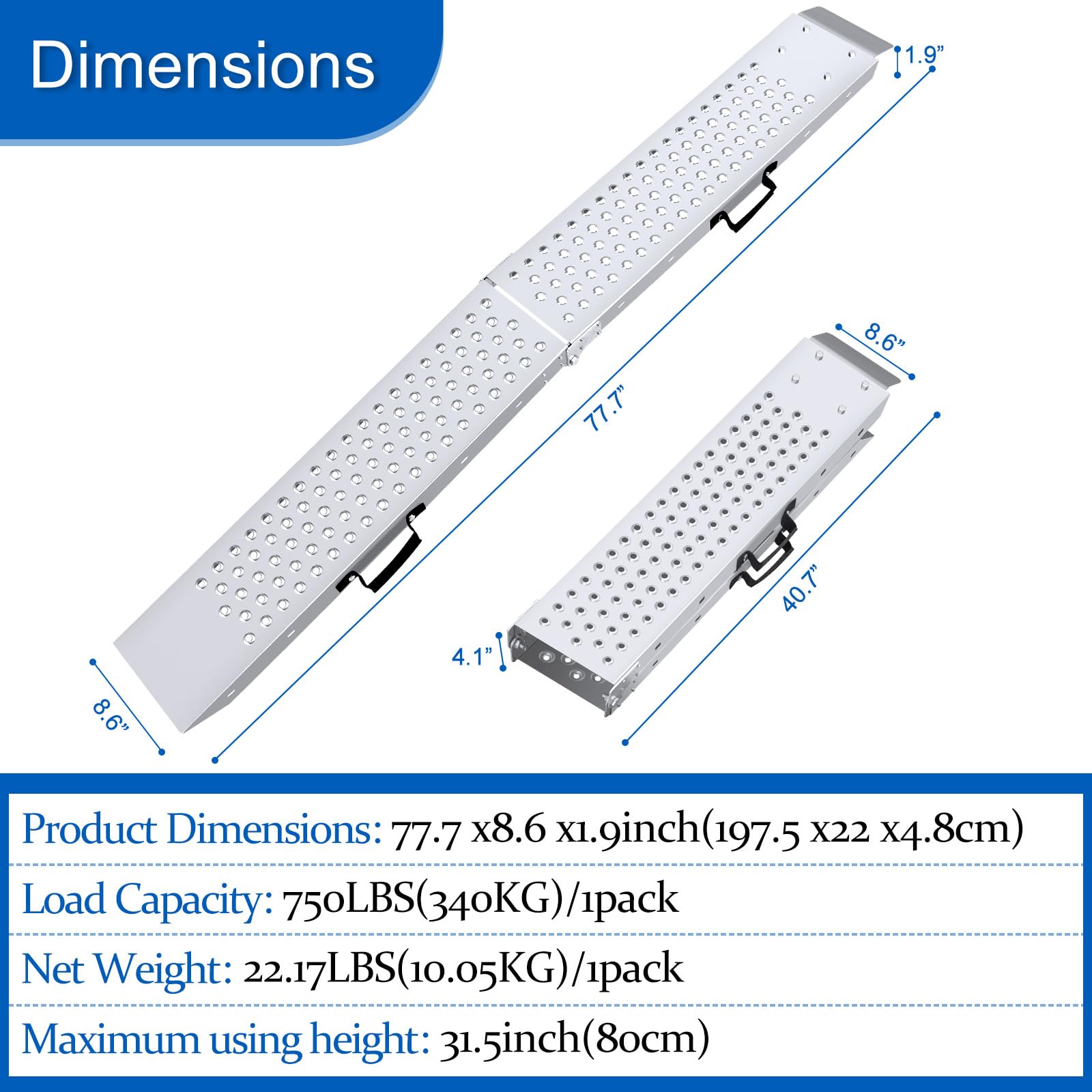 Arejonner 77.7 inches Long and 8.6 inches Wide Heavy Duty Folding Loading Ramp, 1500lb Capacity, Motorcycle; Lawn Mower; Snow Pl