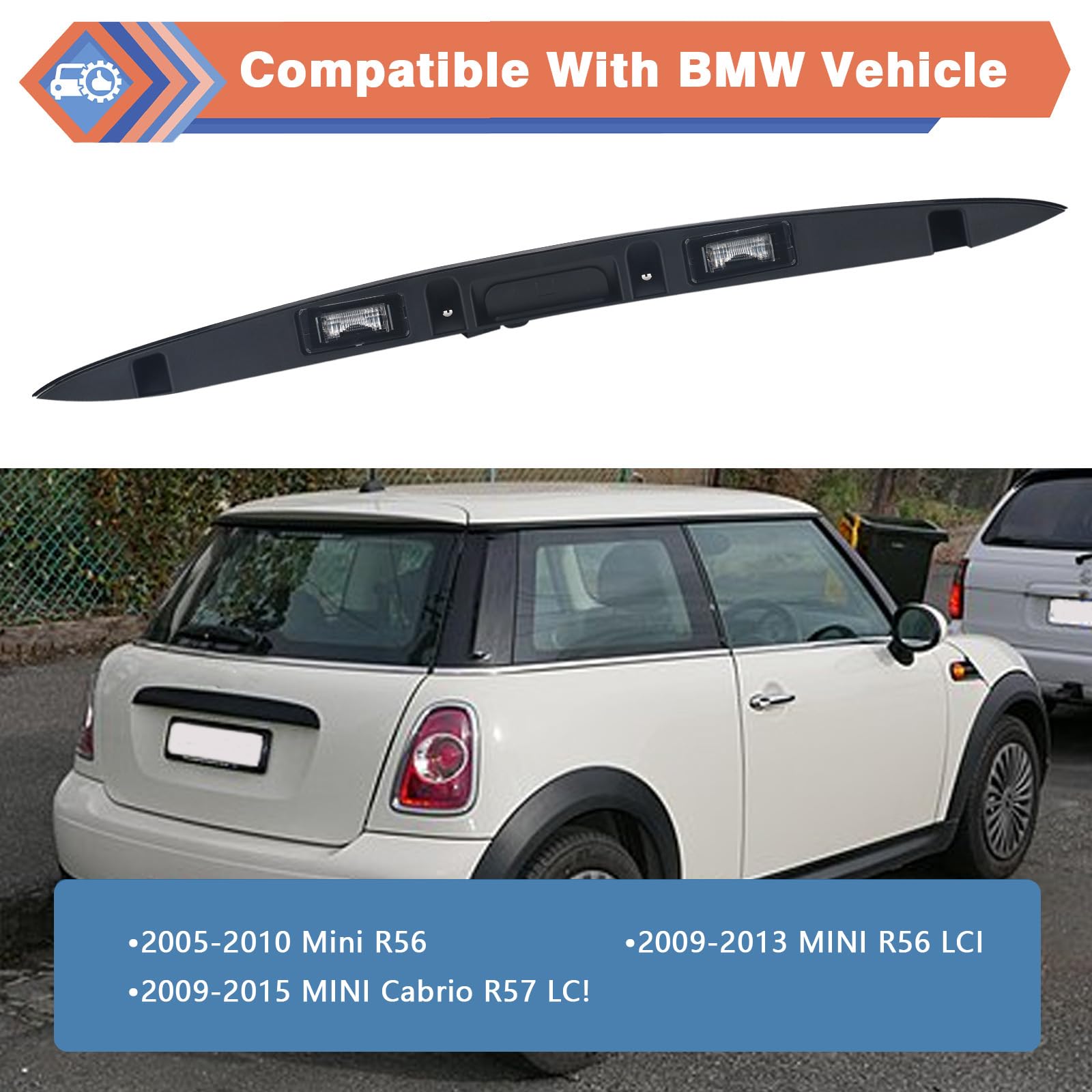 Black Rear Trunk Hatch Handle With Lamp, Tailgate Trim Lid Trunk Liftgate Pull Handle Compatible With BMW Mini Vehicle 2005-2015