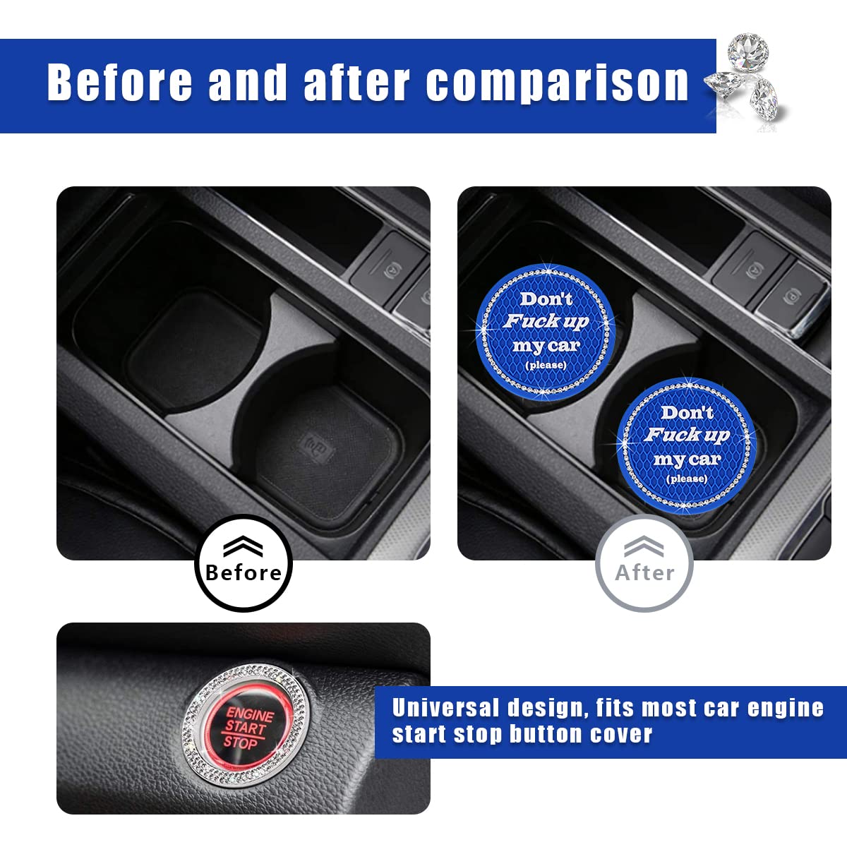 Ziciner 2 Pack Bling Car Cup Holder Coasters With Start Stop Button Cover, 2.75 Inch Crystal Rhinestone Soft Rubber Auto Cup Ins