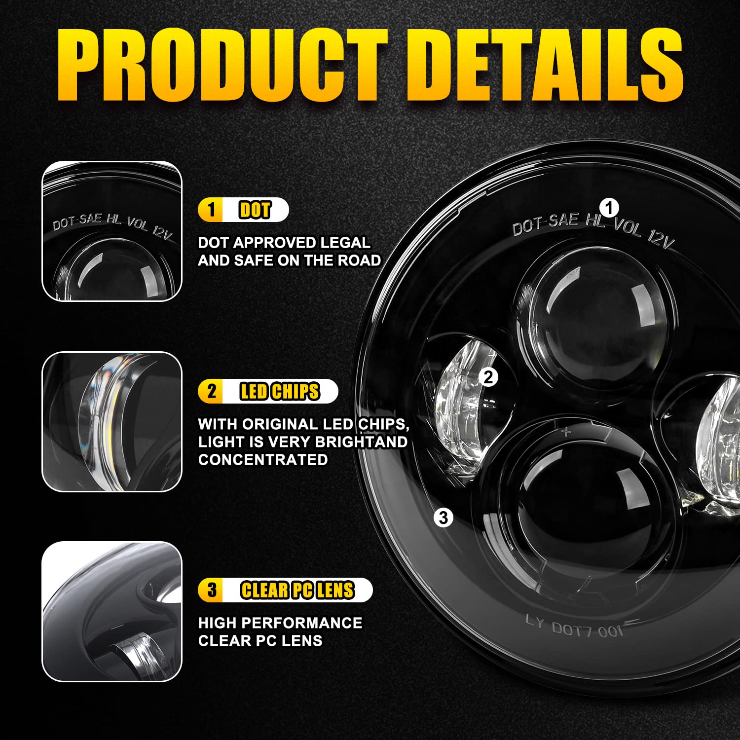 LX-LIGHT 7Inch Black LED Headlight for Motorcycles - DOT Approved, Model 0048A+JB, Compatible with Harley & Yamaha