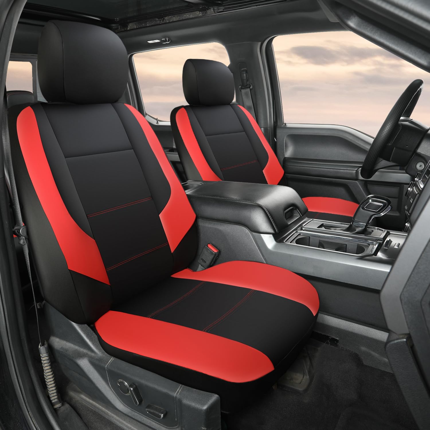 Giant Panda Front Car Seat Cover For Ford F150, Leather Bucket Seat Covers Custom Fit Ford F250 F350 (Red+Black) 2-Pack