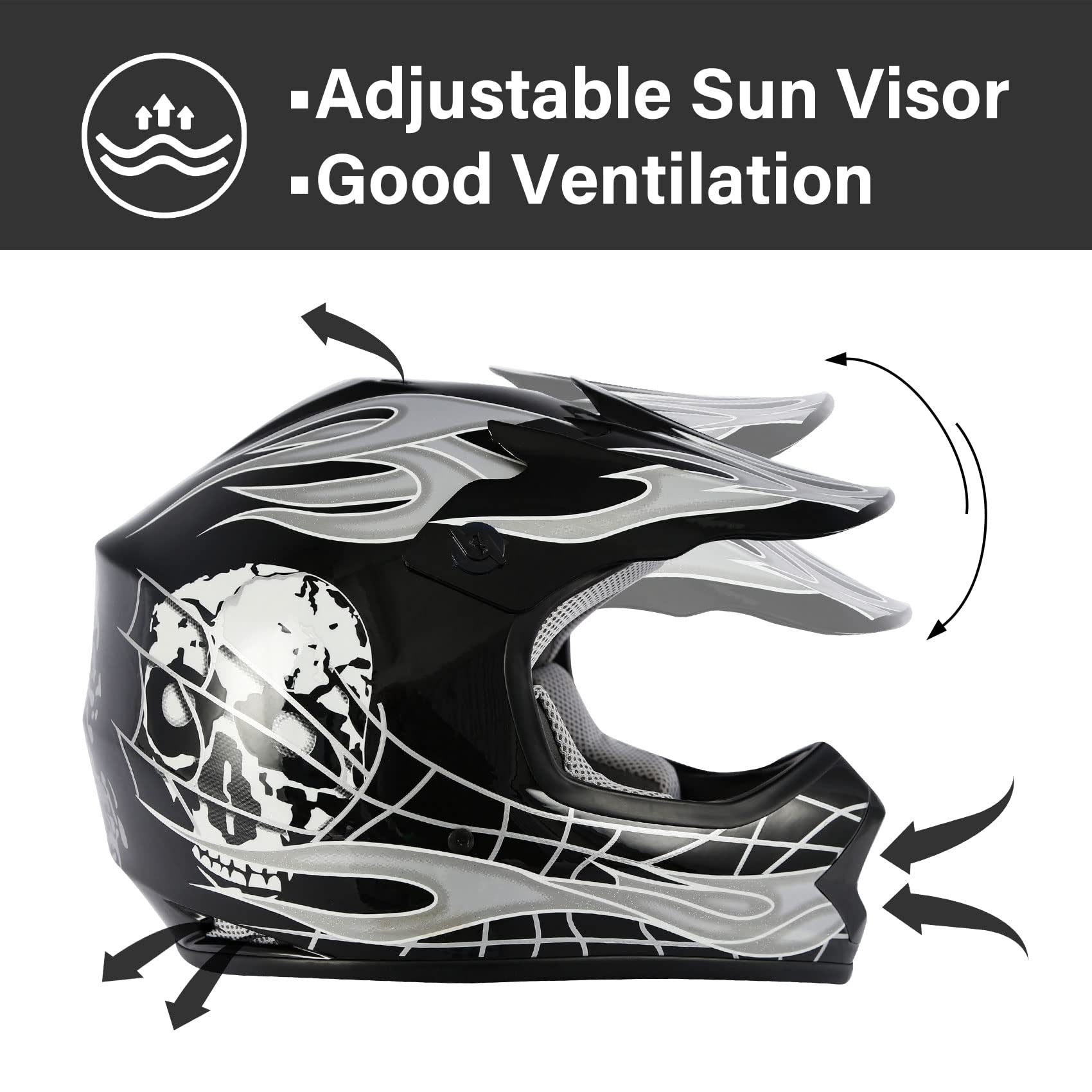 Slmoto Dot Youth Kids Helmet Motocross Offroad Street Helmet Motorcycle Helmet Dirt Bike Motocross Atv Black Skull Design Helmet+Goggles+Gloves
