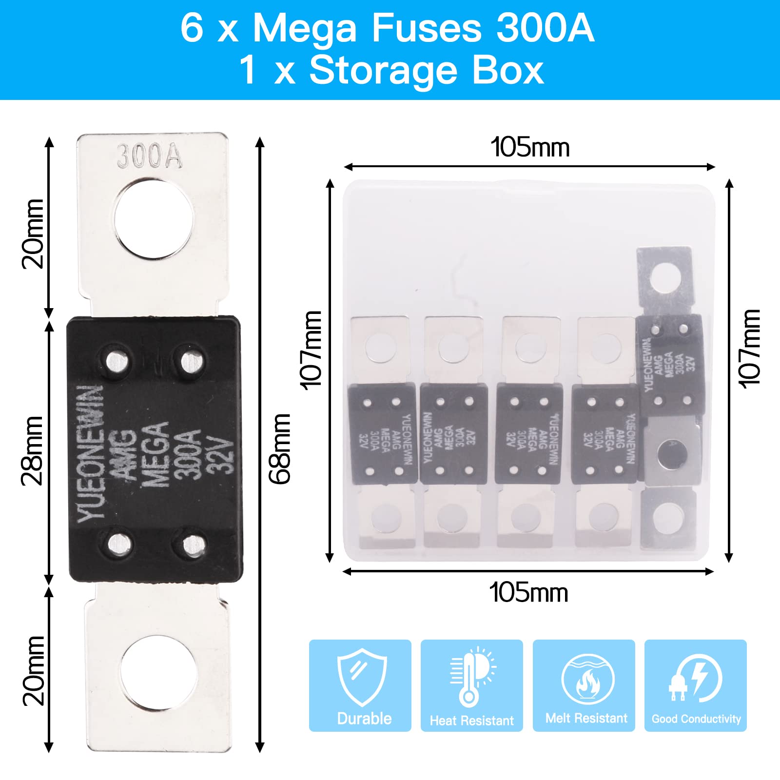 300A MEGA/AMG Fuses, 6 Pcs 300A MEGA/AMG High Current Fuse Bolt Down Auto Fuse Time Delay for Cars, Trucks, Construction Vehicle