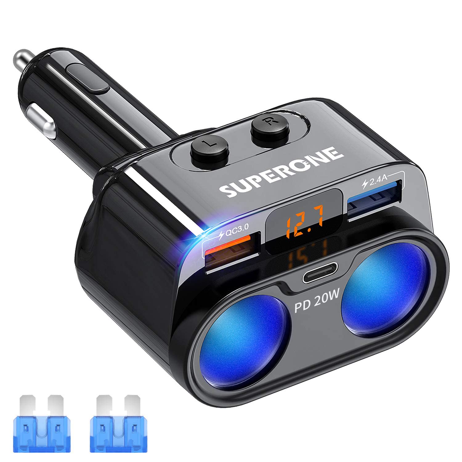 SUPERONE 200W 2-Socket Cigarette Lighter Splitter Power Adapter, USB C Car Charger with 20W Power Delivery 3.0 & QC 3.0 for iPho