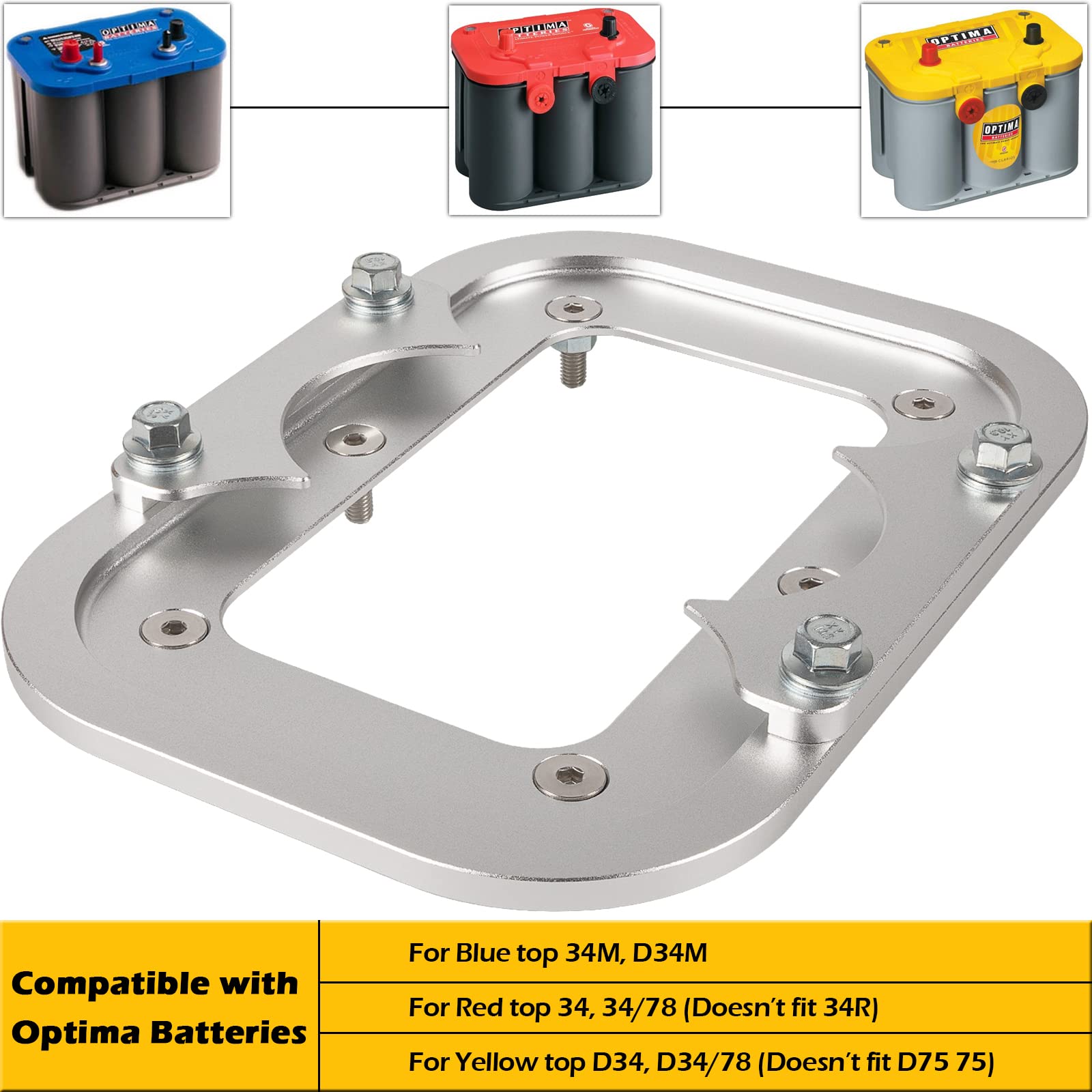 Billet Aluminum Battery Pallet - Trunk Battery Hold Down Bracket Perfectly Compatible With Racing Trunk Optima Batteries Tray Blue Yellow Red Top 34M D34M D34 D34/78 34 34/78