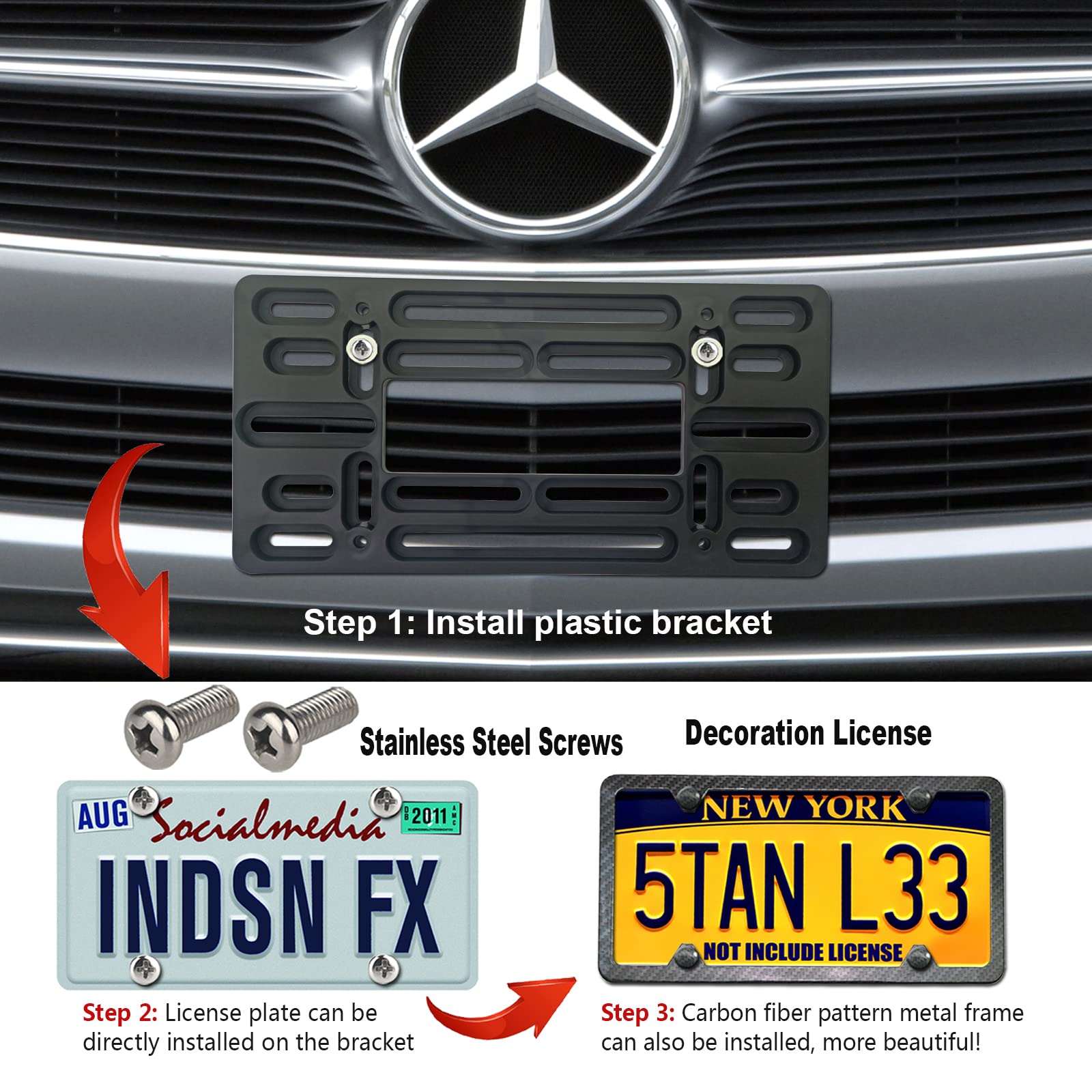 Zxfoog Front License Plate Mounting Kit- Bumper License Plate Bracket & Aluminum Carbon Pattern Car Tag Frame, Universal No Drilling Hole Adapter For Truck/Trailer, With Screws Cap, Rattle Proof Pad