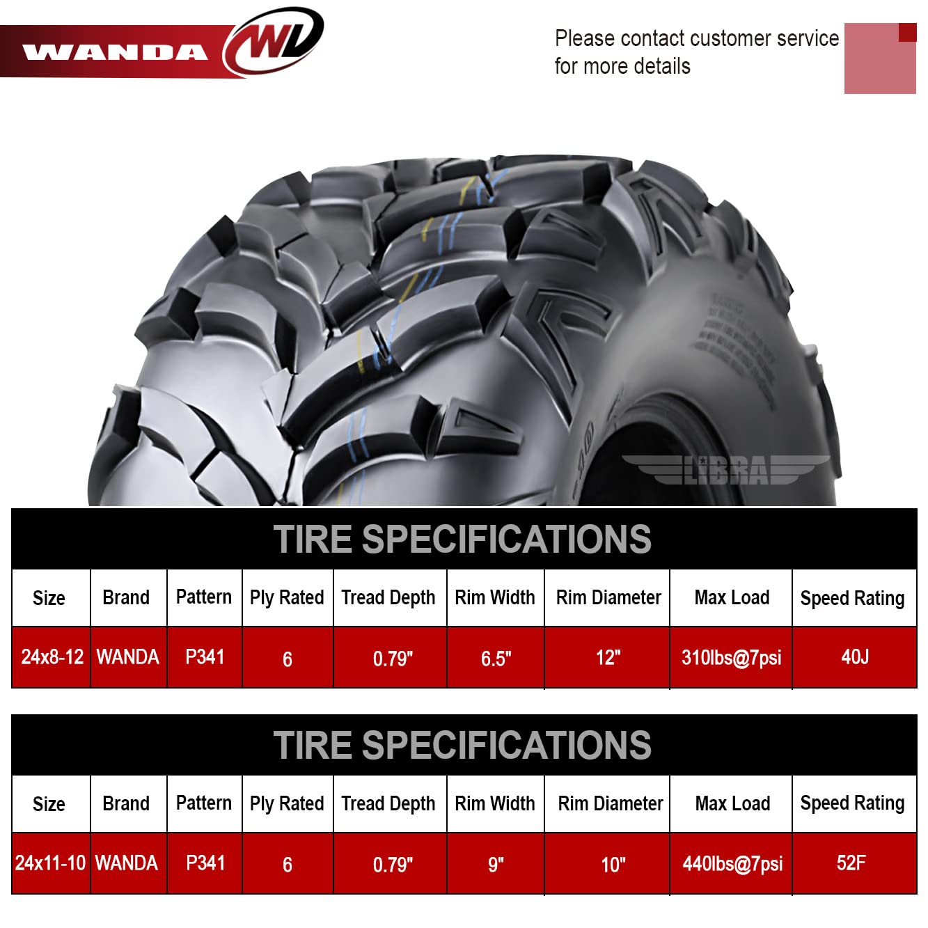 Wanda Set Of 4 New Atv/Utv Tires 24X8-12 Front & 24X11-10 Rear /6Pr P341-10151/10245