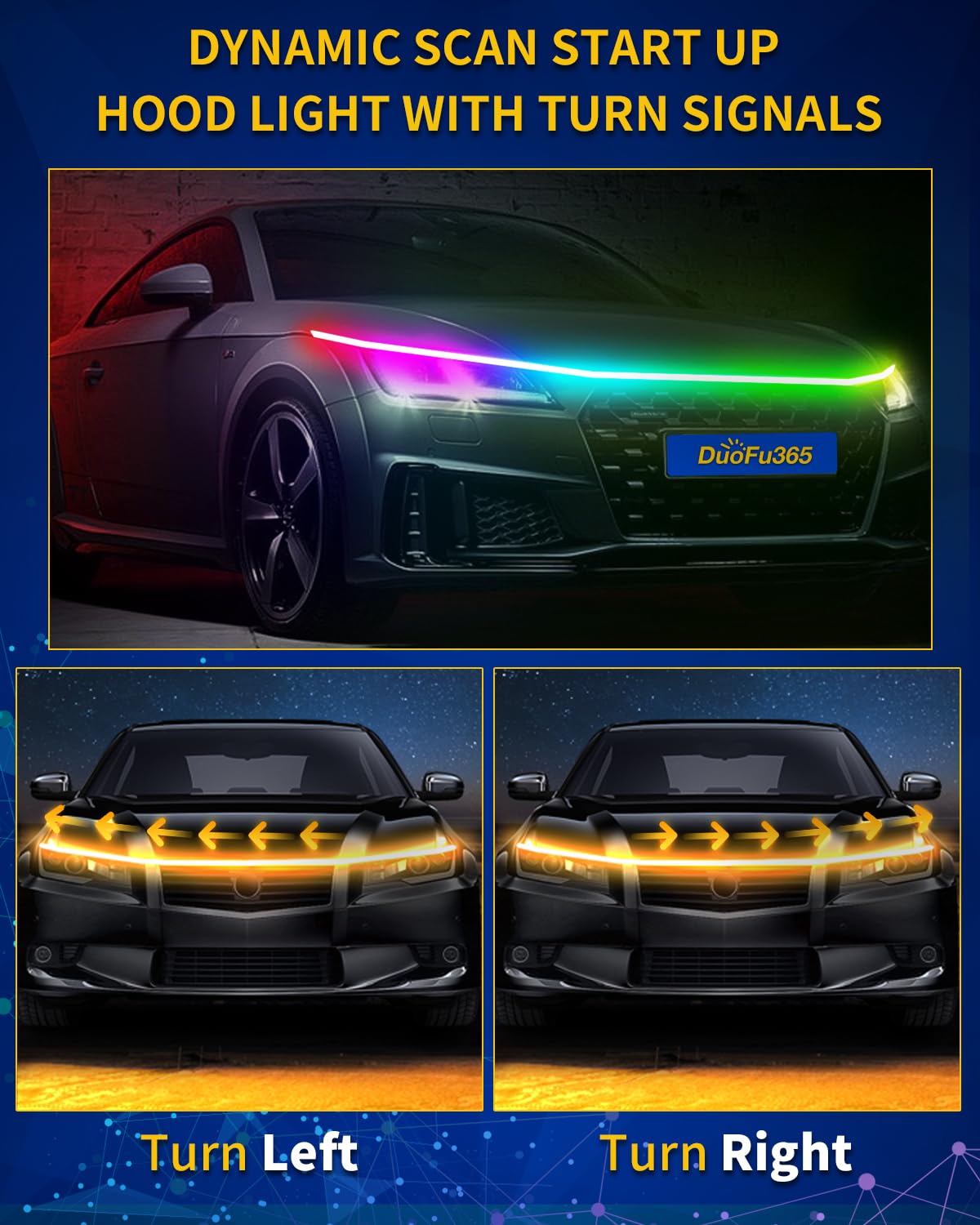 Duofu365 Exterior Car Led Hood Light Strip,Rgb Multicolor Dynamic Scan Start Up Hoodbeam Kit With App & Remote Control,70 Inch 1
