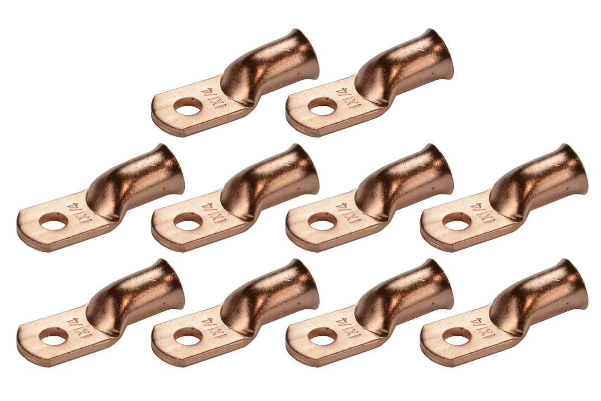 Temco 10 Pack Bare Copper Welding Battery Cable Ends, Lugs Terminal 1 Awg 1/4'' Hole (6 Awg To 1/0 Awg Options Available)