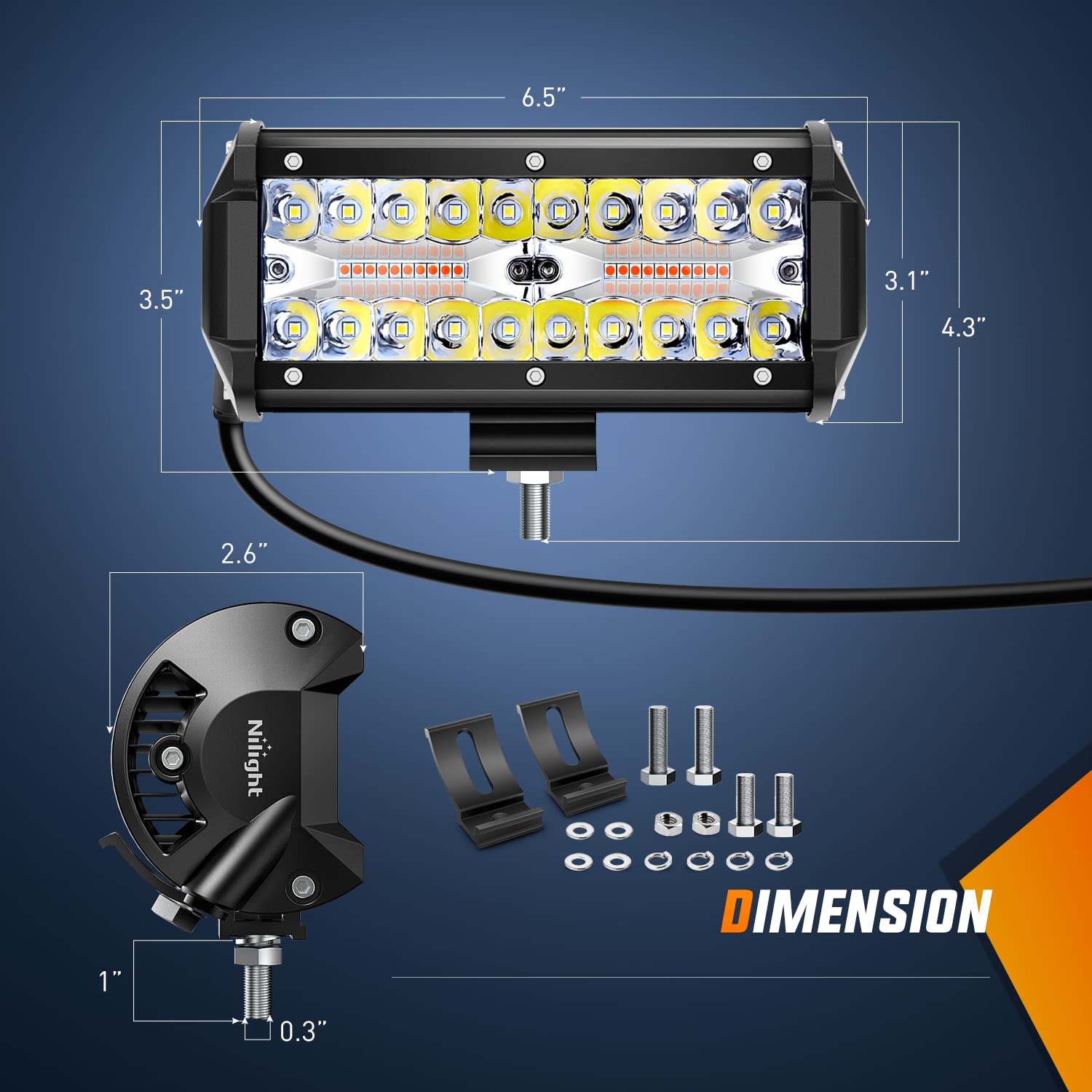 Nilight 2Pcs 6.5 Inch 120W Led Light Bar Amber White Strobe 6 Modes Memory Function Off-Road Truck Car Atv Suv Cabin Boat With 1