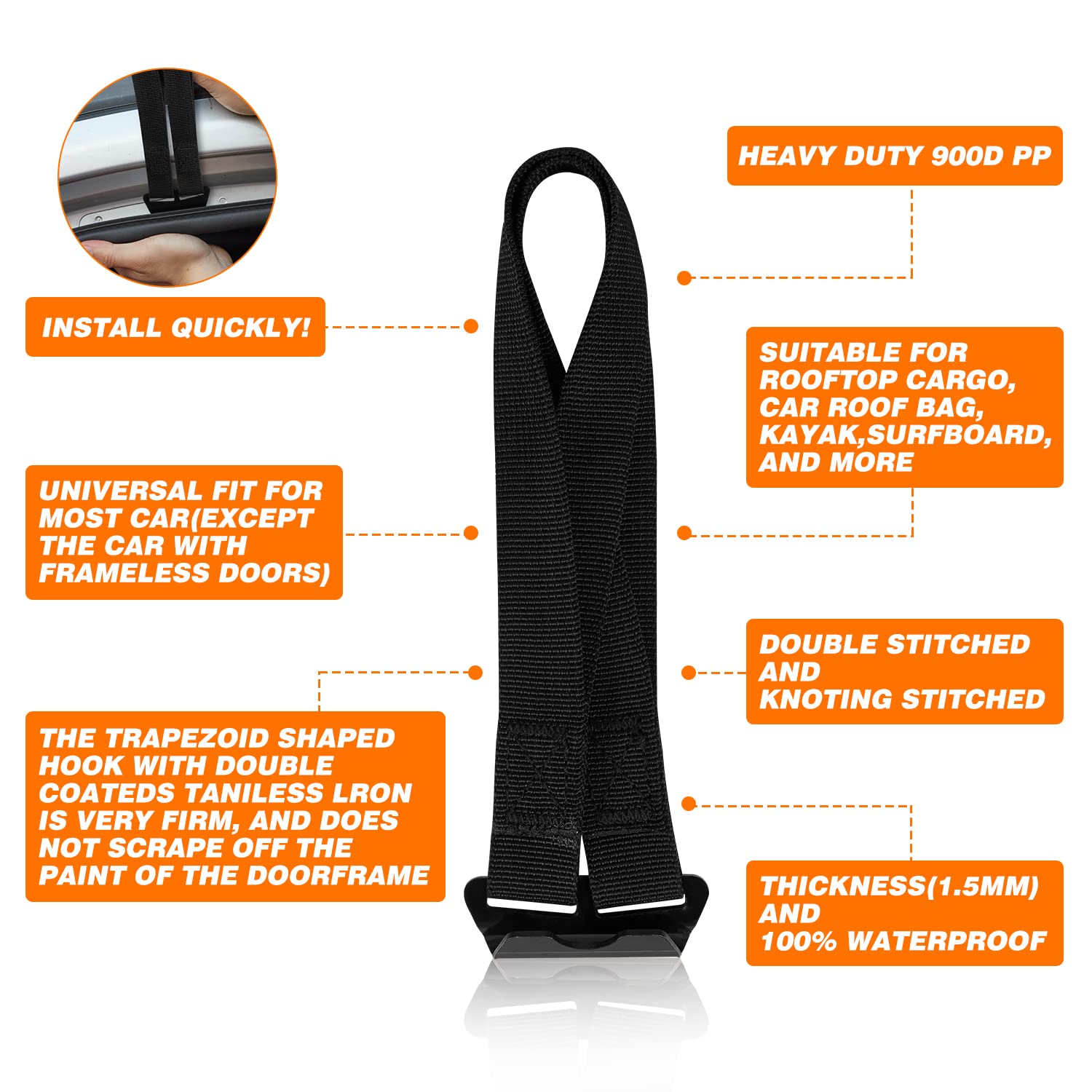 Cargo Tie Down Door Hook Straps, Two Loops Roof Rack Straps Kits Universal For Car Roof Bag, 6 Straps Compatible With Most Car Top Luggage, Waterproof, More Solid, Registered Patent