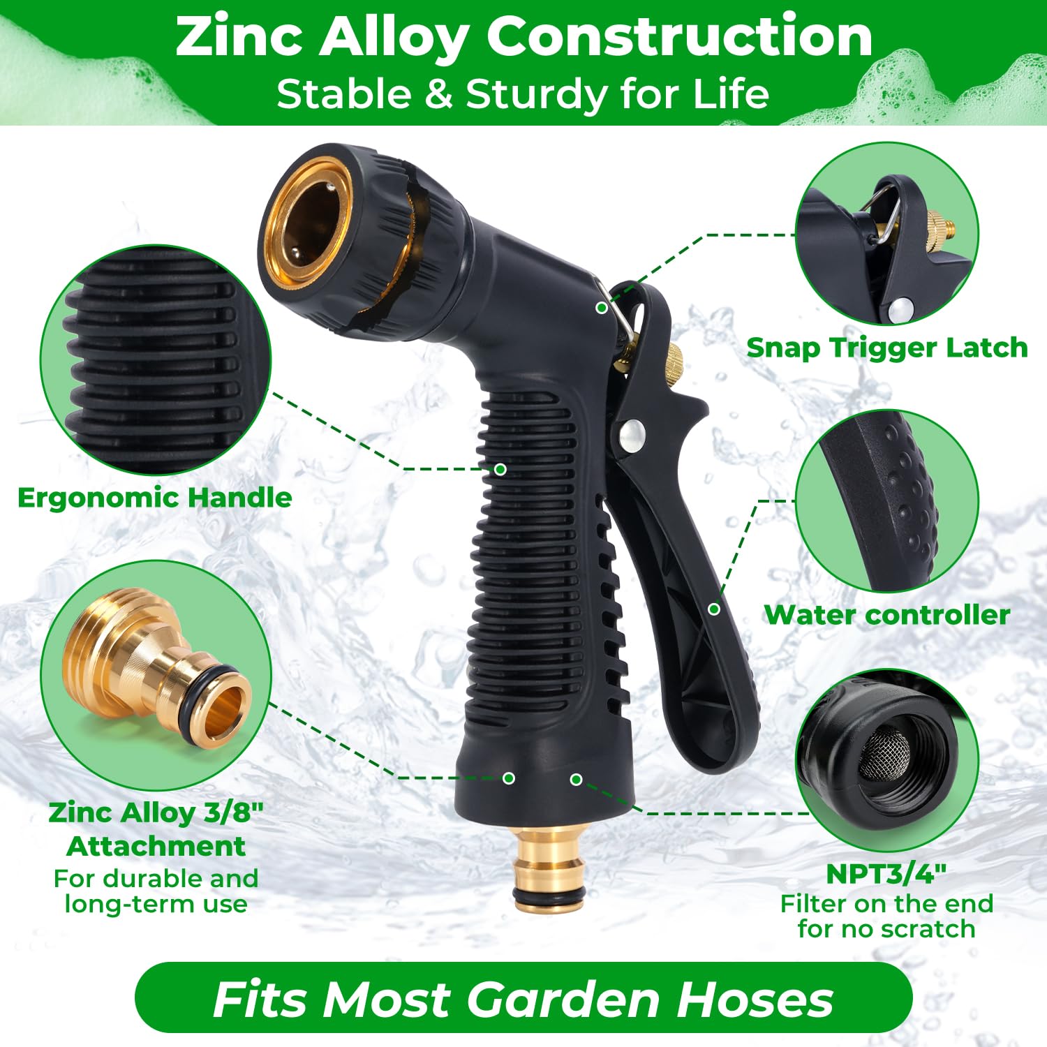 Ohuhu Car Wash Foam Gun, Car Wash Soap Sprayer With 3/8 Brass Connector & Car Washing Mitts, Dual Filtration, 6 Levels Of Foam Concentration, Quick Connect To Most Garden Hose (Green)