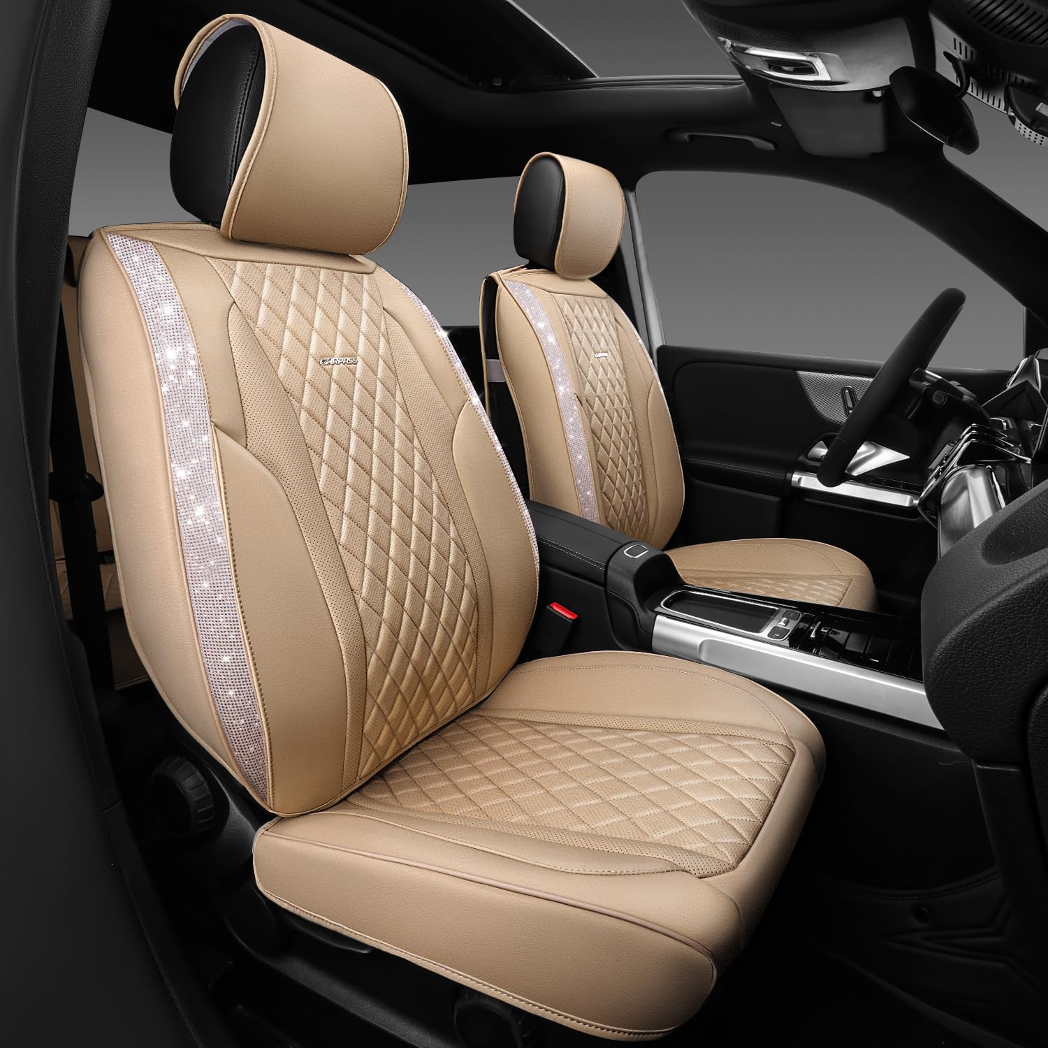 Car Pass Beige Leather Bling Car Seat Covers Full Set, Luxury Microfiber Nappa Pu Cushioned, Waterproof Anti-Slip Universal Fit