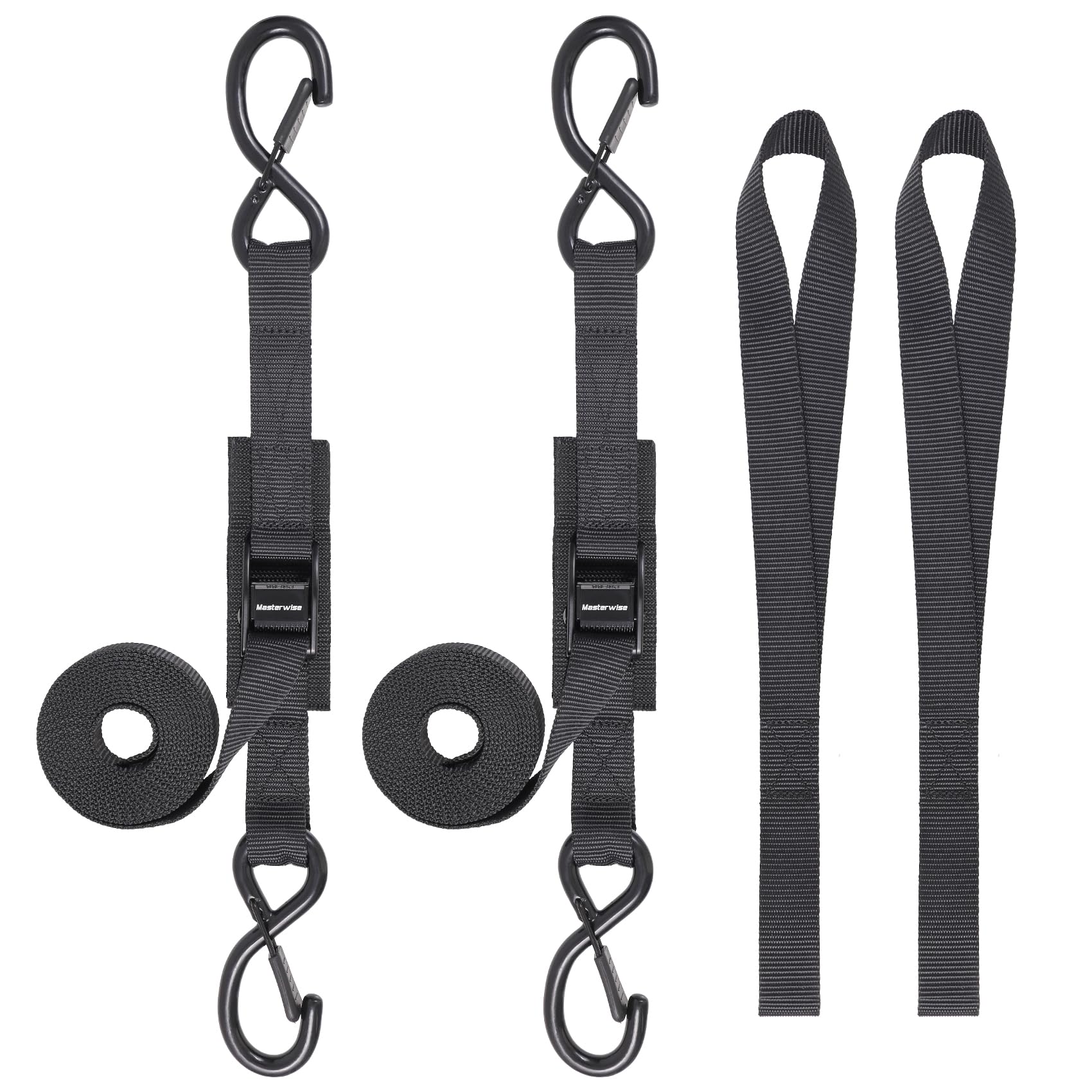Masterwise Tie Down Straps with Hooks, 8 feet 1200lbs Break Strength Cam Buckle Tiedown Set with Integrated Soft Loops for Motor