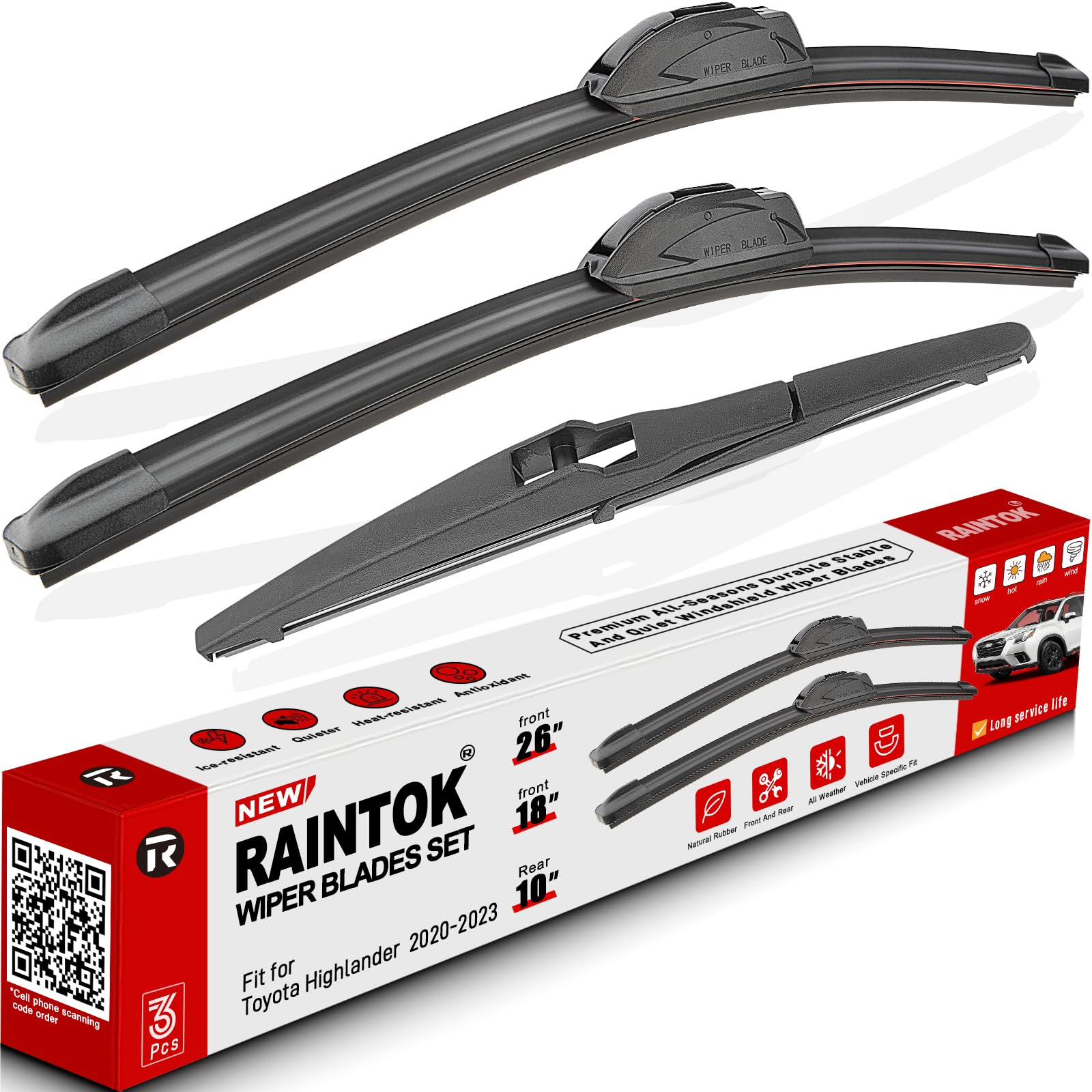 RAINTOK Windshield Wiper Blades for Toyota Highlander 2020-2023, Front & Rear Replacement Set, 26 18 10, Original Quality, Pack of