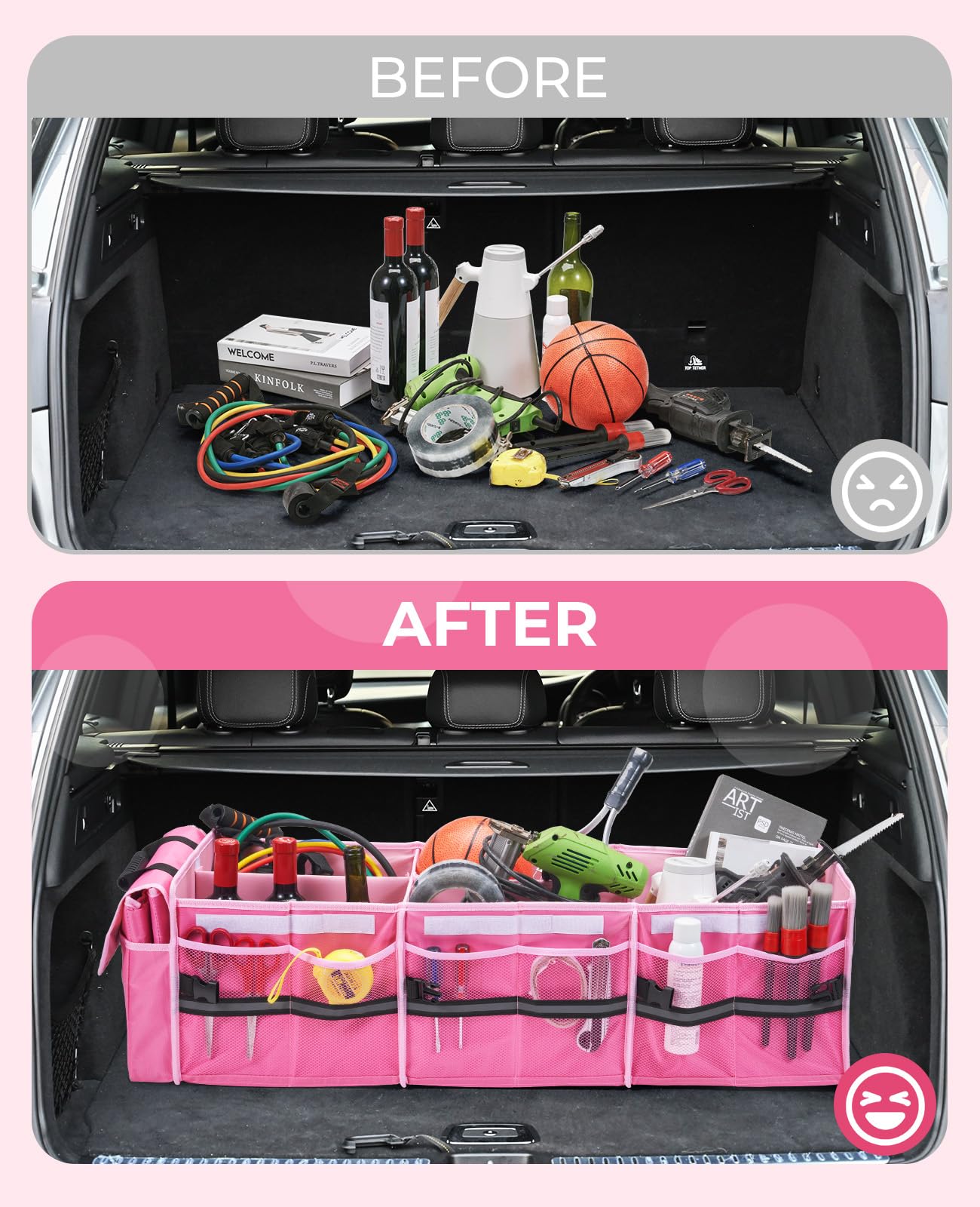 Hiraliy 4 In 1 Car Trunk Storage Organizer, Multi Compartment Collapsible Trunk Storage Box With Leakproof Cooler Bag For Car Tr