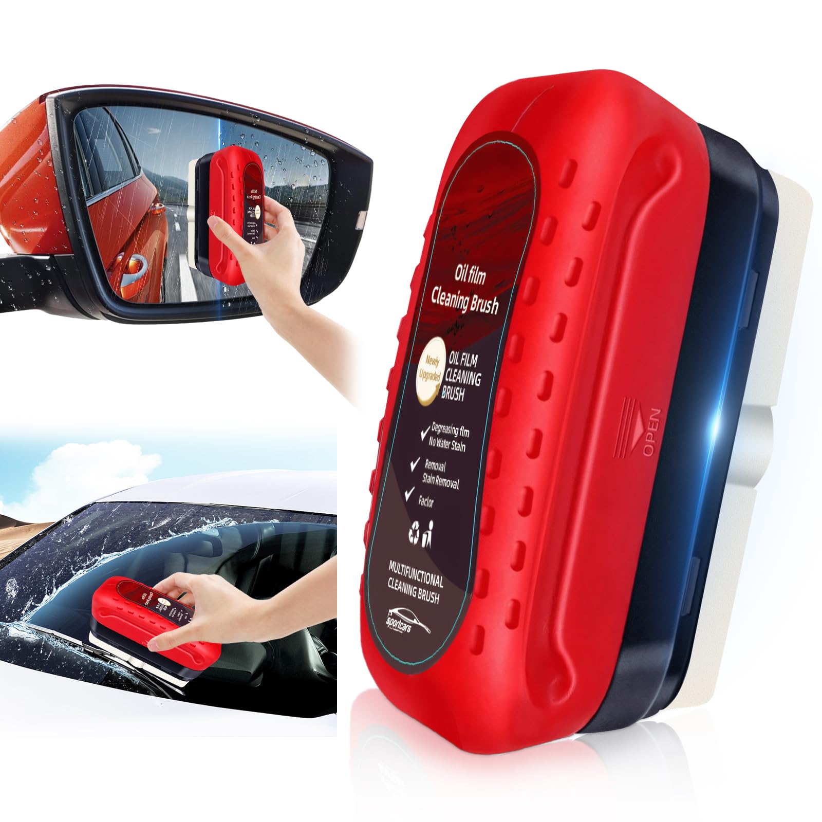 Automotive Oil Film Cleaning Brush with Reusable Foam Sprayer, Upgraded Antifog Glass Cleaning Board, Glass Oil Film Remover for