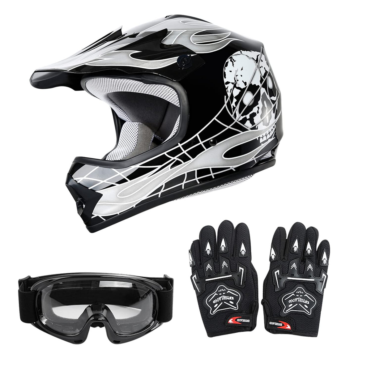 Slmoto Dot Youth Kids Helmet Motocross Offroad Street Helmet Motorcycle Helmet Dirt Bike Motocross Atv Black Skull Design Helmet+Goggles+Gloves