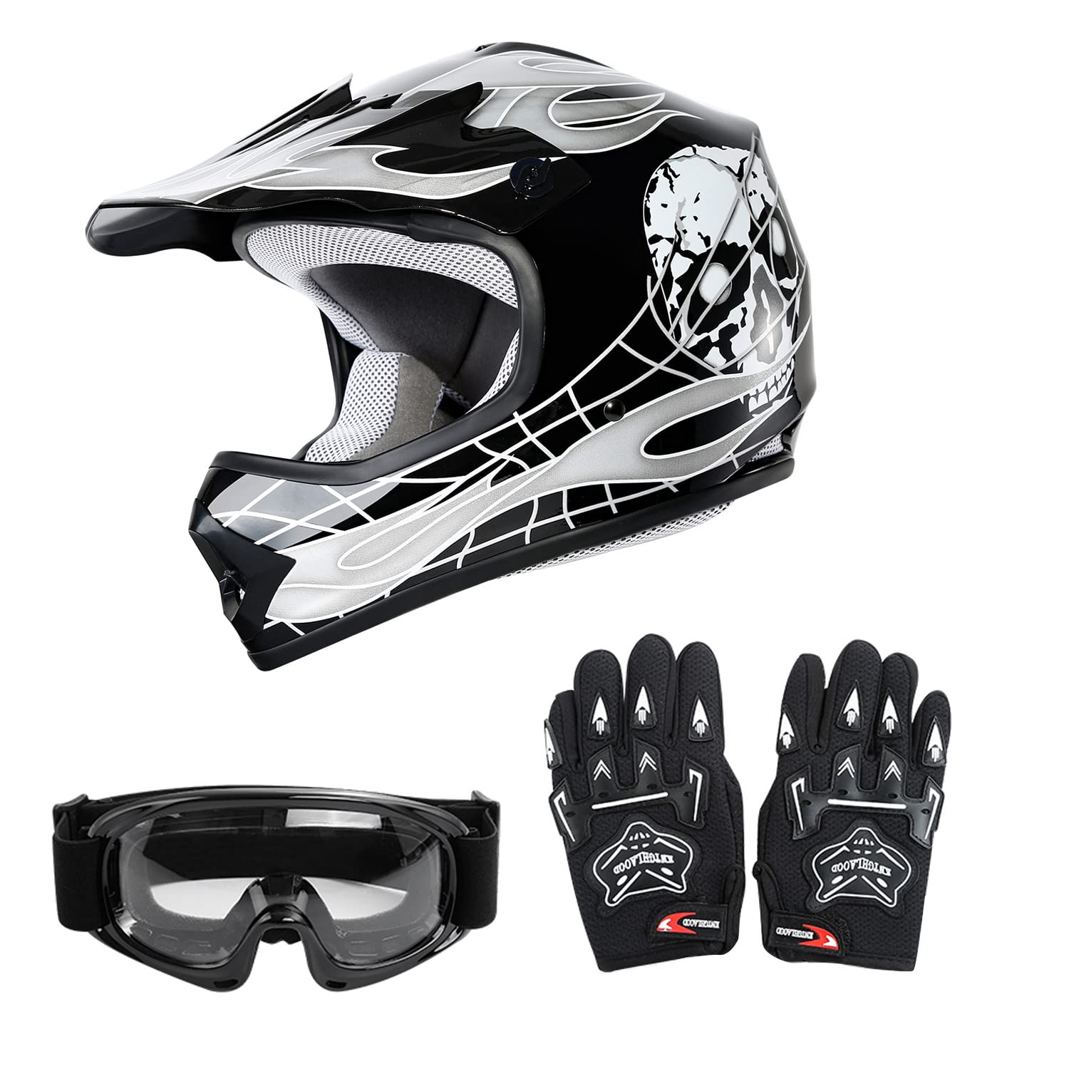 Slmoto Dot Youth Kids Helmet Motocross Offroad Street Helmet Motorcycle Helmet Dirt Bike Motocross Atv Black Skull Design Helmetgogglesgloves Large, Small