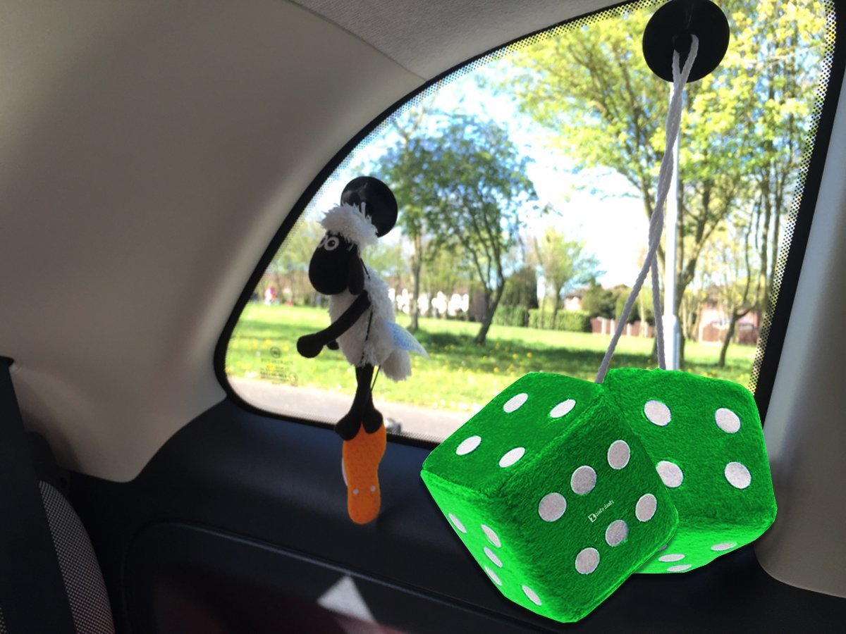 Zento Deals Pair Of Hanging Black Dots Fuzzy Dices Nostalgic Retro (Green)