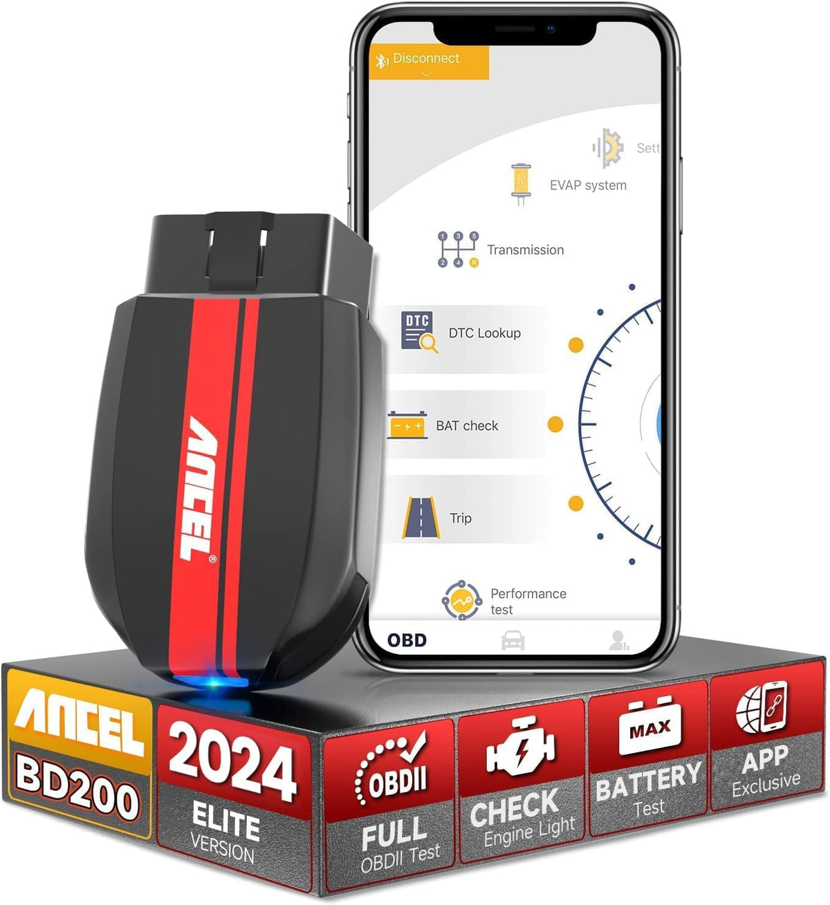 Ancel Bd200 Obd2 Scanner Bluetooth - Code Reader & Check Engine Diagnostic Scan Tools With Car Battery Test, Exclusive App On Io