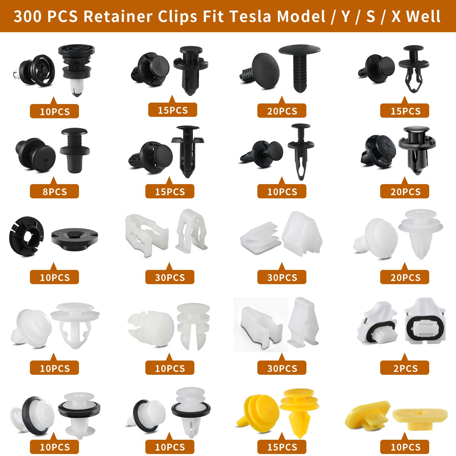 300Pcs Tesla Clips Tesla Fasteners Tesla Bumper Fender Liner Push Retainer Fastener Rivet Clips, 20 Sizes Tesla Clip Push Rivets