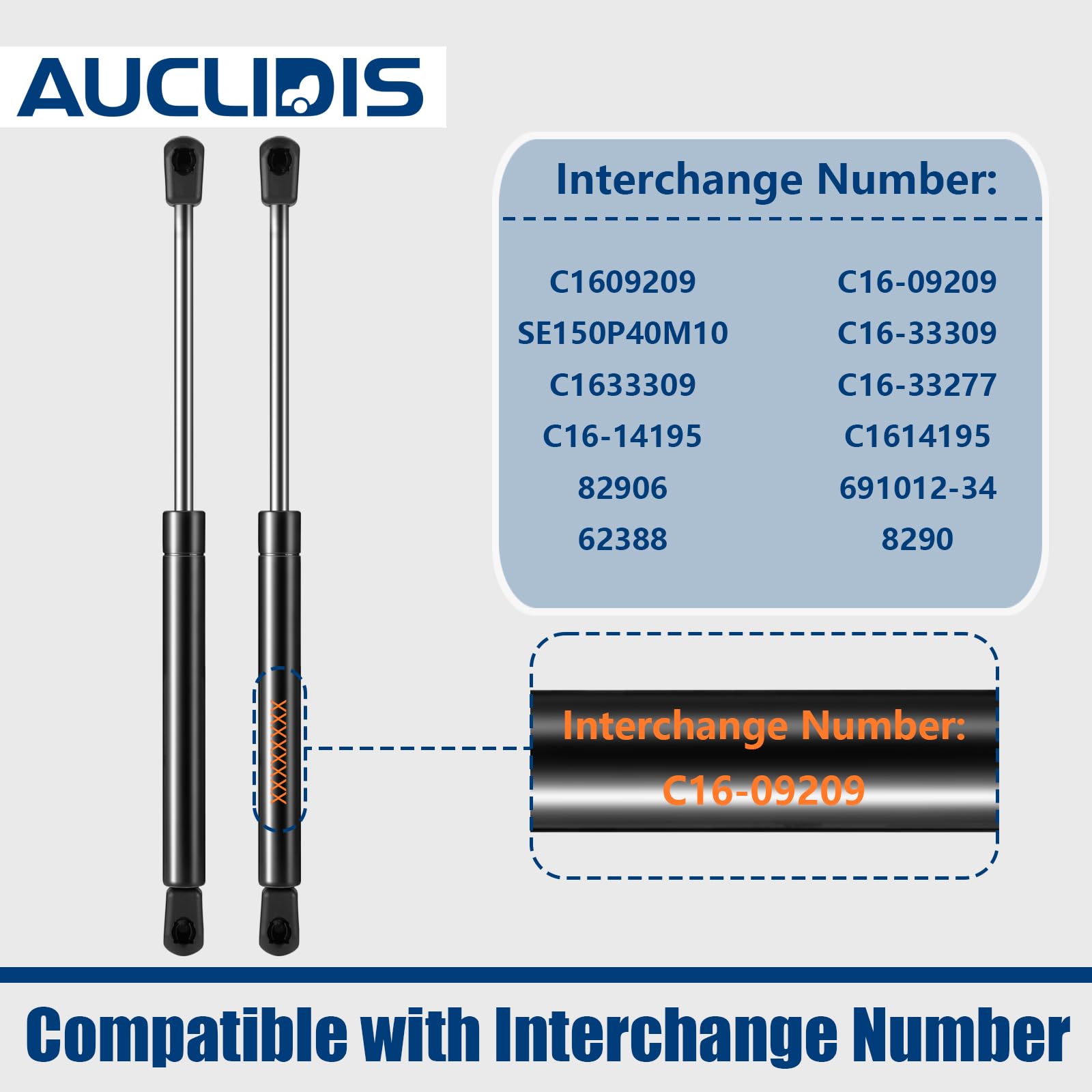AUCLIDIS Gas Strut Shock Spring Lift Support for Leer Camper Shell, 16 inch, BLACK, Model C16-09209, Set of 2
