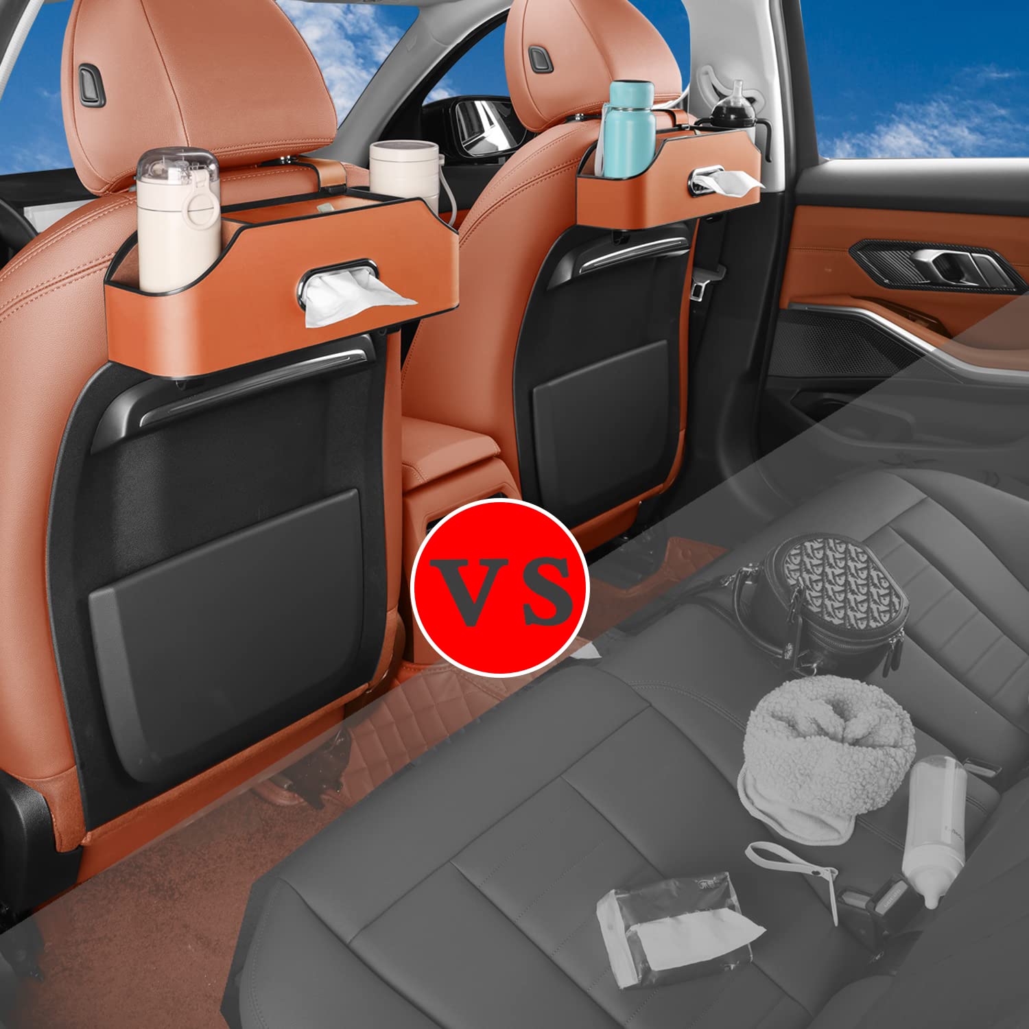 Holdcy Car Back Seat Organizer With 2 Drink Cup Holder - Tissue Box And Storage Box Hook - Multi-Functional Storage - Great For