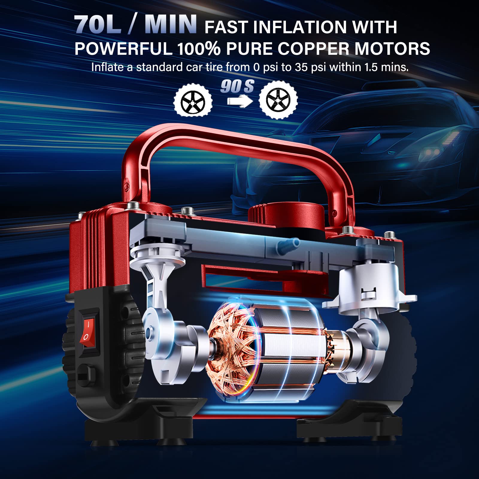 Gspscn Red Tire Inflator Heavy Duty Double Cylinders, Portable Metal Dc 12V Air Compressor, 150Psi Tire Pump With Adapter For Ca