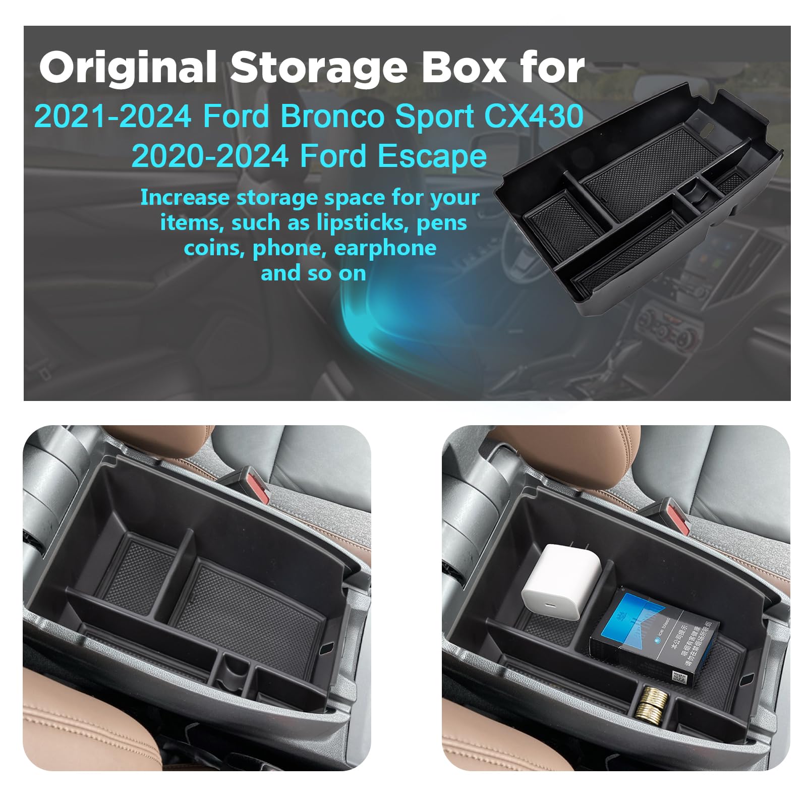 Carwiner Center Console Organizer For 2021-2025 Ford Bronco Sport Cx430 2020-2025 Ford Escape Tray Storage Box Armrest Interior