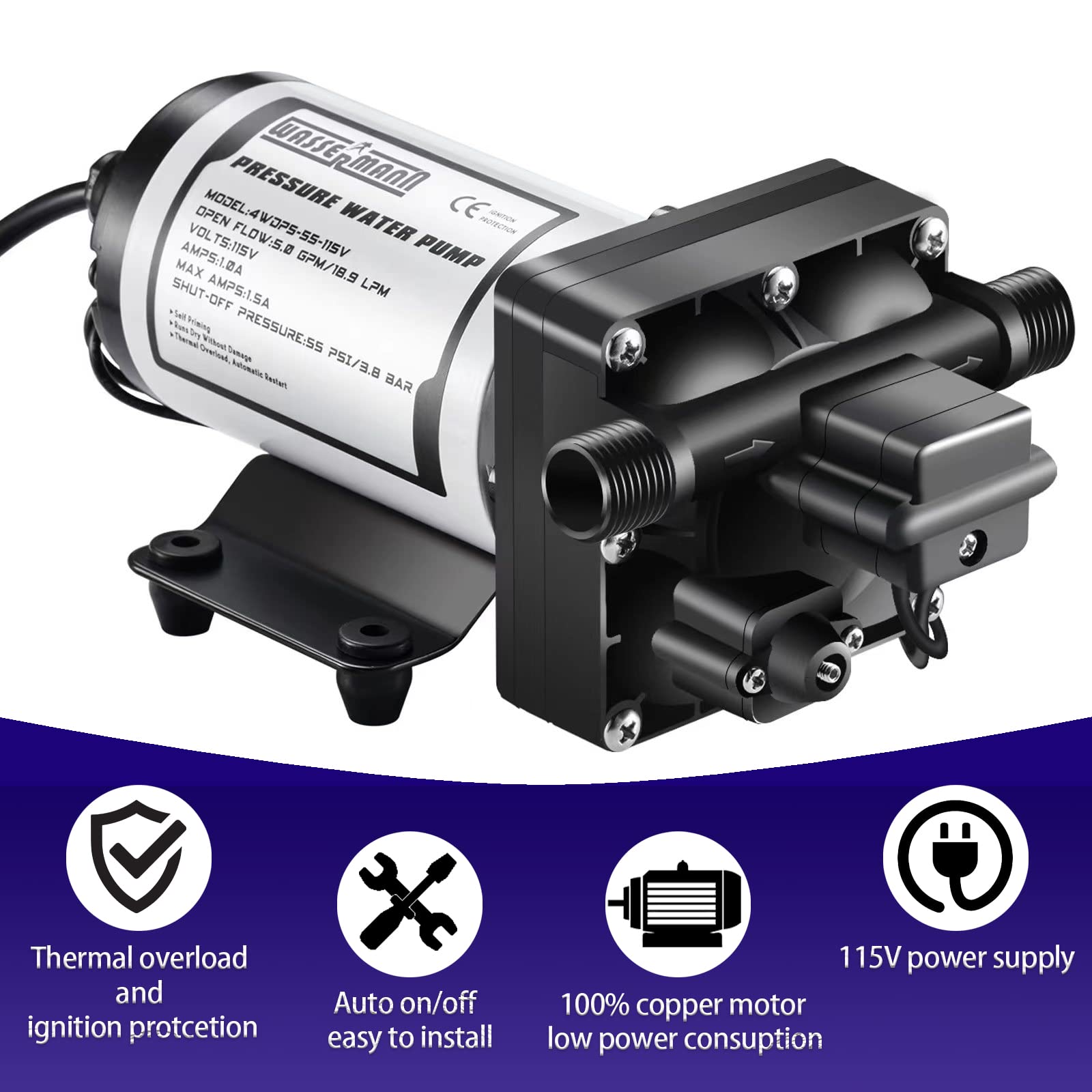 Wassermann Water Pressure Booster Pump 115V Ac With Pressure Switch,Self-Priming Water Pump 5.0Gpm 55Psi,For Rv Kitchen Barthroo