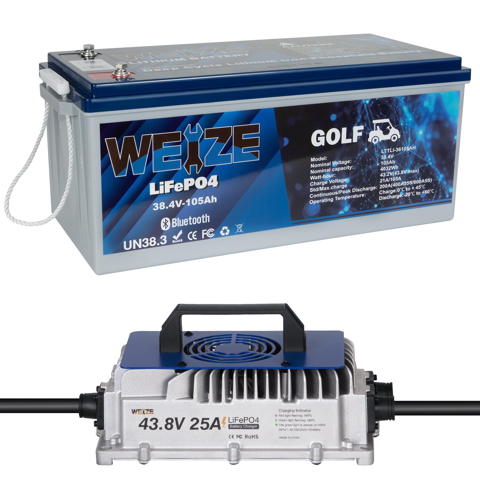 Weize 36V 105Ah Golf Cart Bluetooth Lifepo4 Battery (Replace 6X6V Gc2) With 36V 25A Lithium Batteries Charger, 200A Bms, Grade A