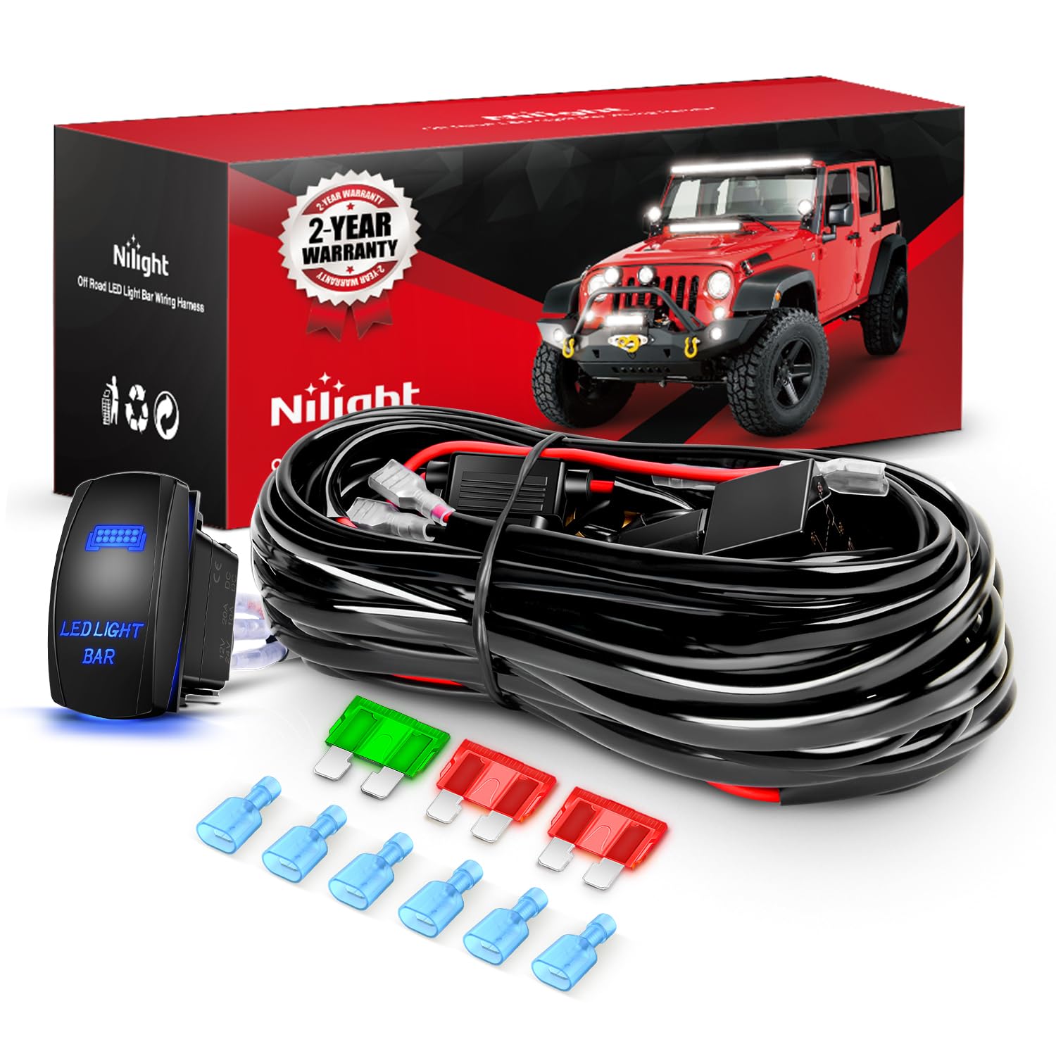 Nilight 12Awg Led Light Bar Wiring Harness Kit 12V On Off 5Pin Rocker Switch Laser Waterproof Toggle Power Relay Blade Fuse For