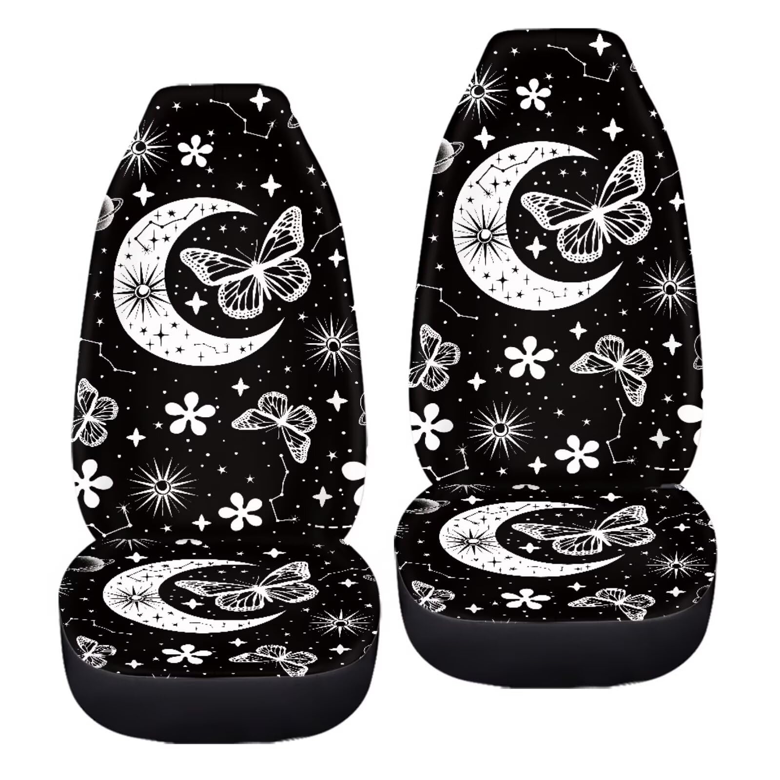 Bigcarjob Moon Butterfly Car Seat Cover Set For Front Seat Only,2 Pack Black Butterfly Auto Front Seat Protector Saddle Blanket