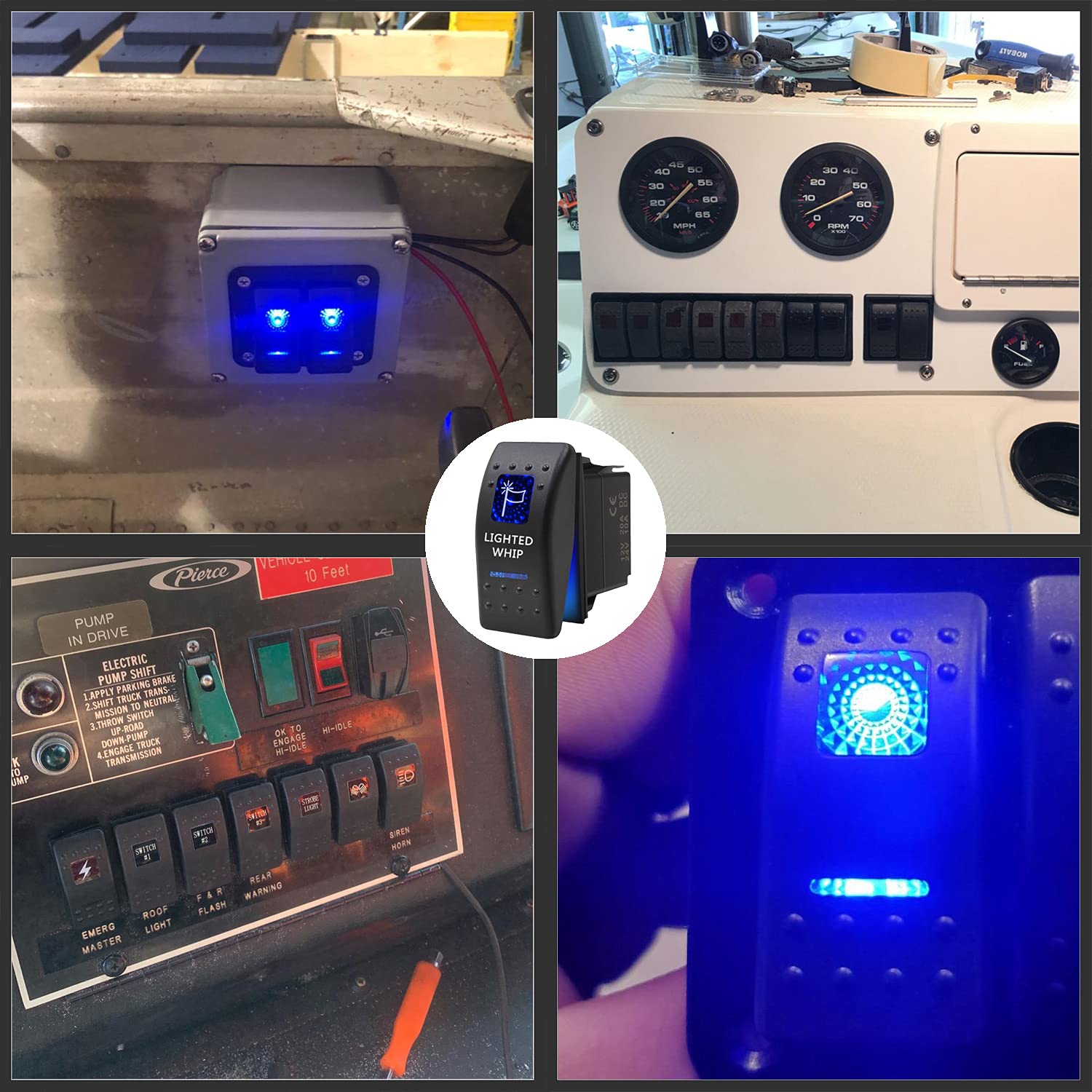 Lighted Whip Waterproof Rocker Switch Toggle - On/Off Blue Led Light - 12V 20Amp 24V 10Amp, 5 Pin For Automotive Cars Vehicles Marine Boats Trucks Trailers 4X4 Caravans Rvs Suv Atv Utv & More