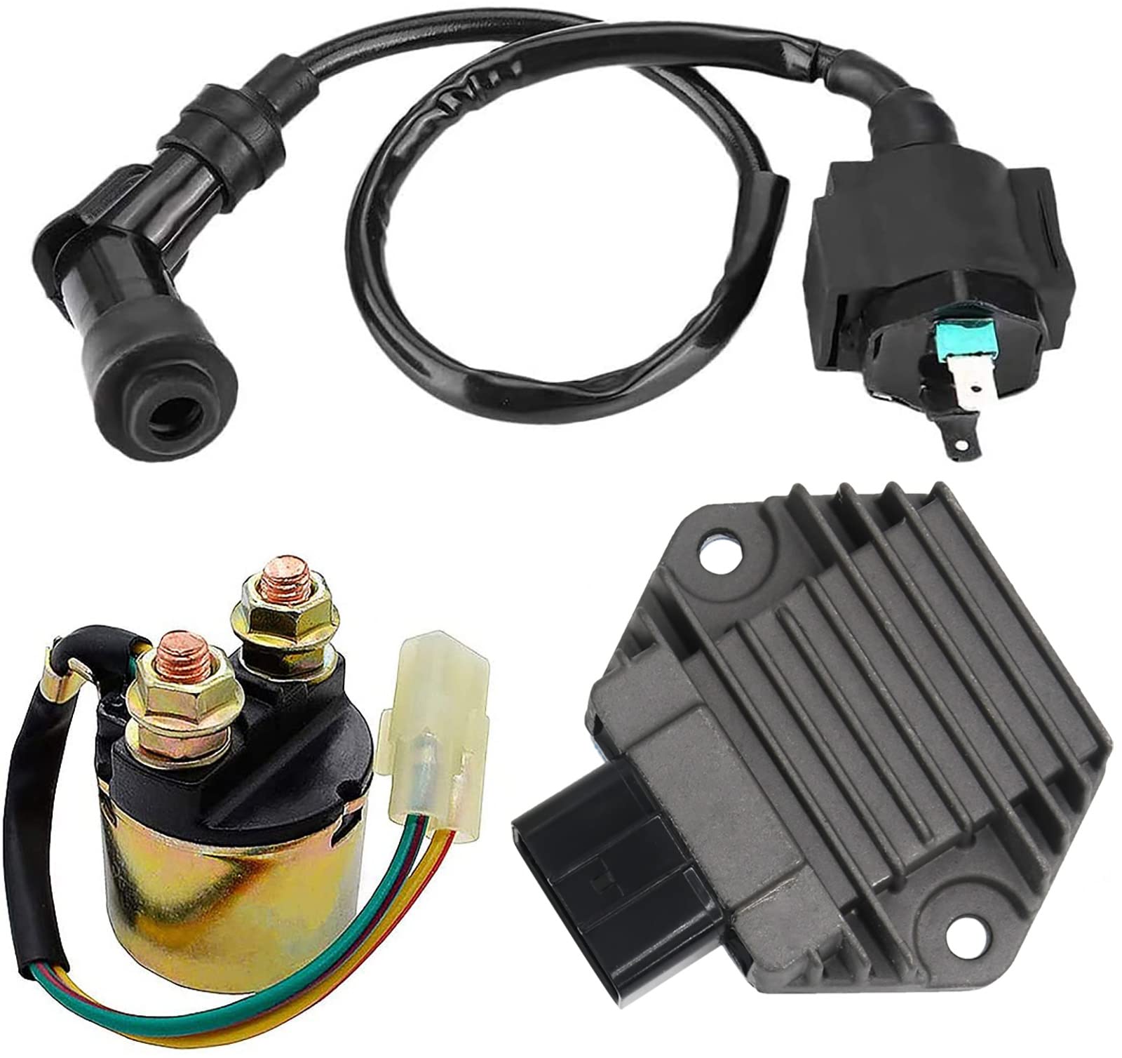 Voltage Regulator Rectifier,Starter Solenoid Relay And Ignition Coil For Honda 350 Trx350Fe Trx350Fm Trx350Te Trx350Tm Trx450 Trx450Es Fourtrax Rancher 2000 2001 2002 2003 2004 2005 2006(3 Pcs)