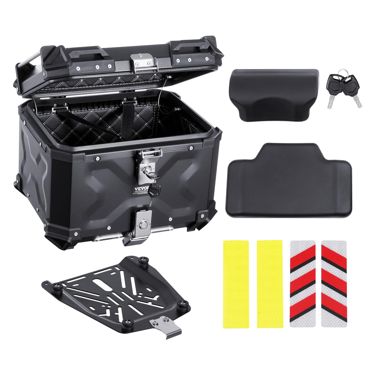 VEVOR Motorcycle Top Case, Universal Aluminum Alloy Motorbike Tail Box with Leather Lining, 55L Waterproof Detachable Motorcycle